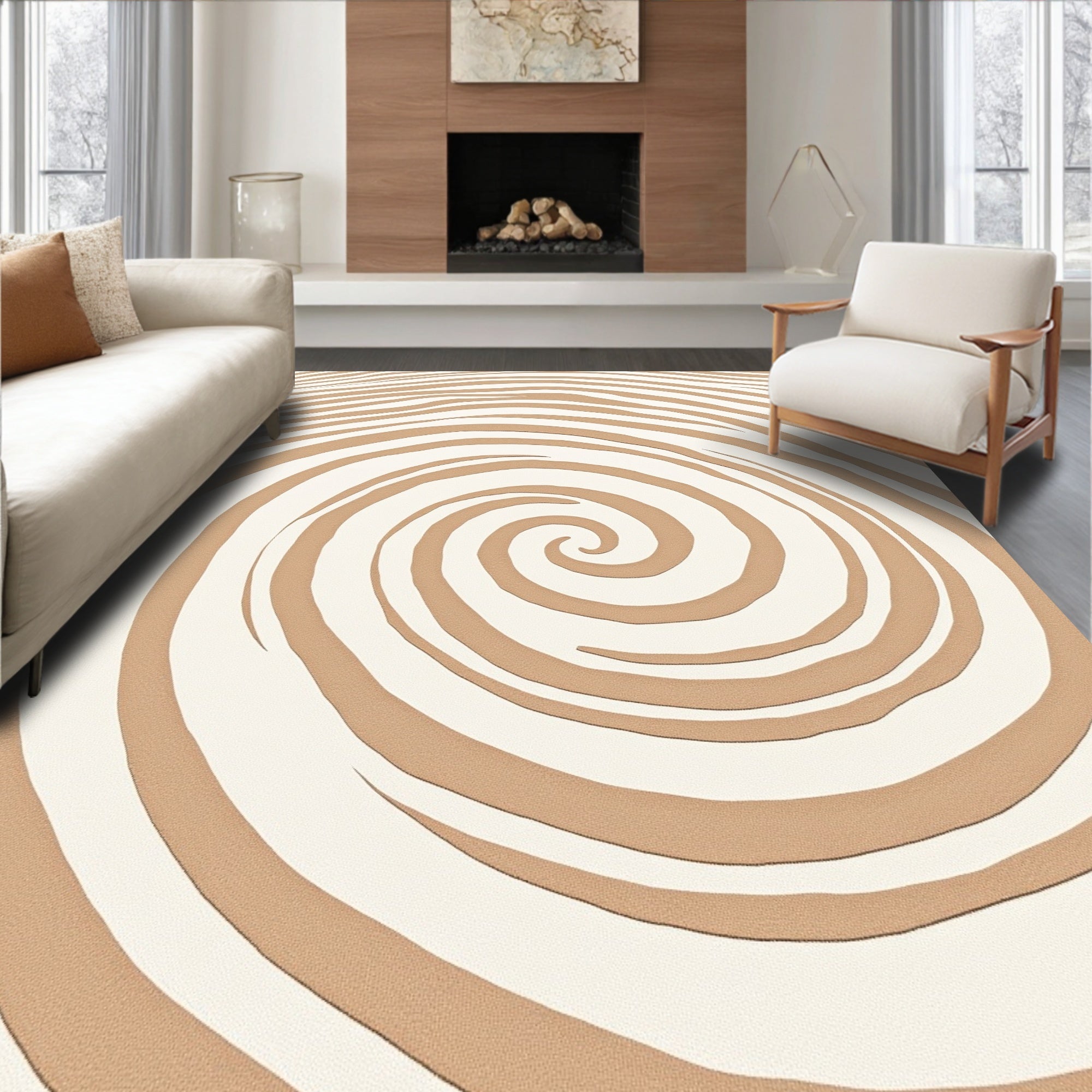 Cream Brown Swirl Ribbed Texture Rug