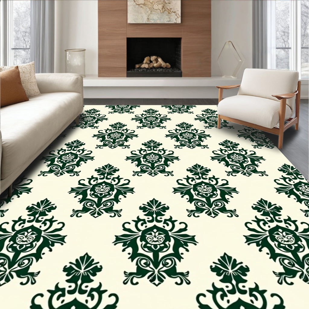 Dark Green Crested Damask Cream Background Rug