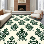 Dark Green Crested Damask Cream Background Rug