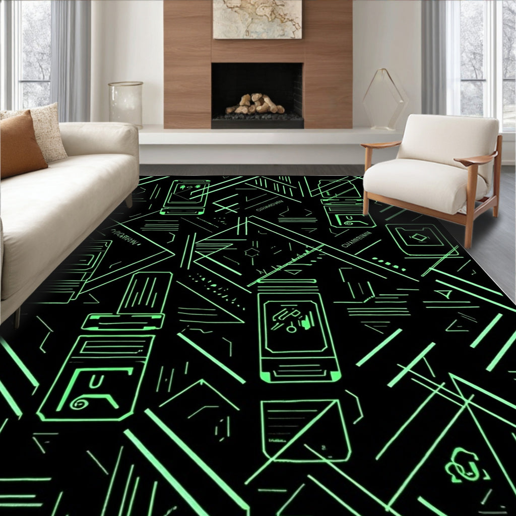 Retro Futuristic Neon Circuit Board Rug