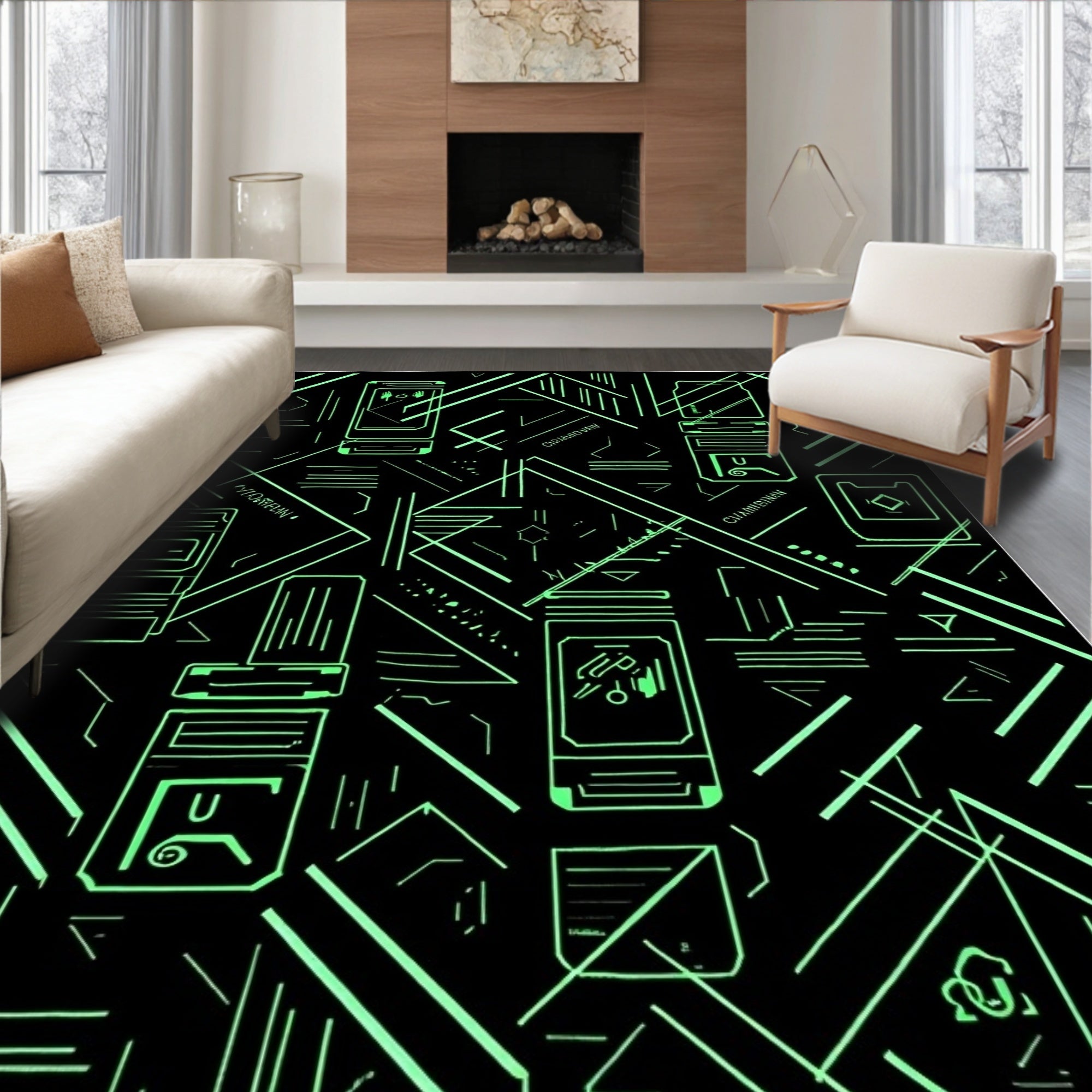 Retro Futuristic Neon Circuit Board Rug