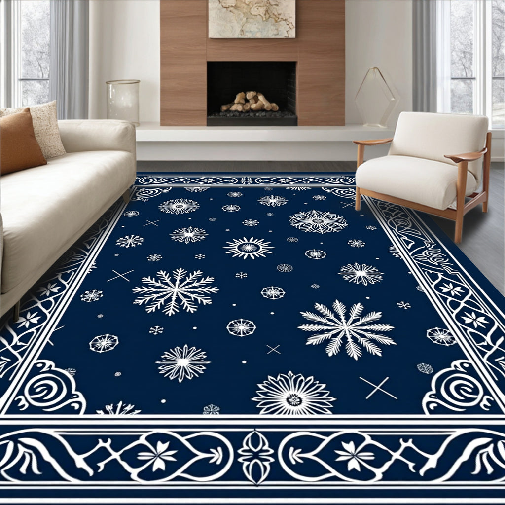 Navy Blue Snowflake Winter Medallion Rug