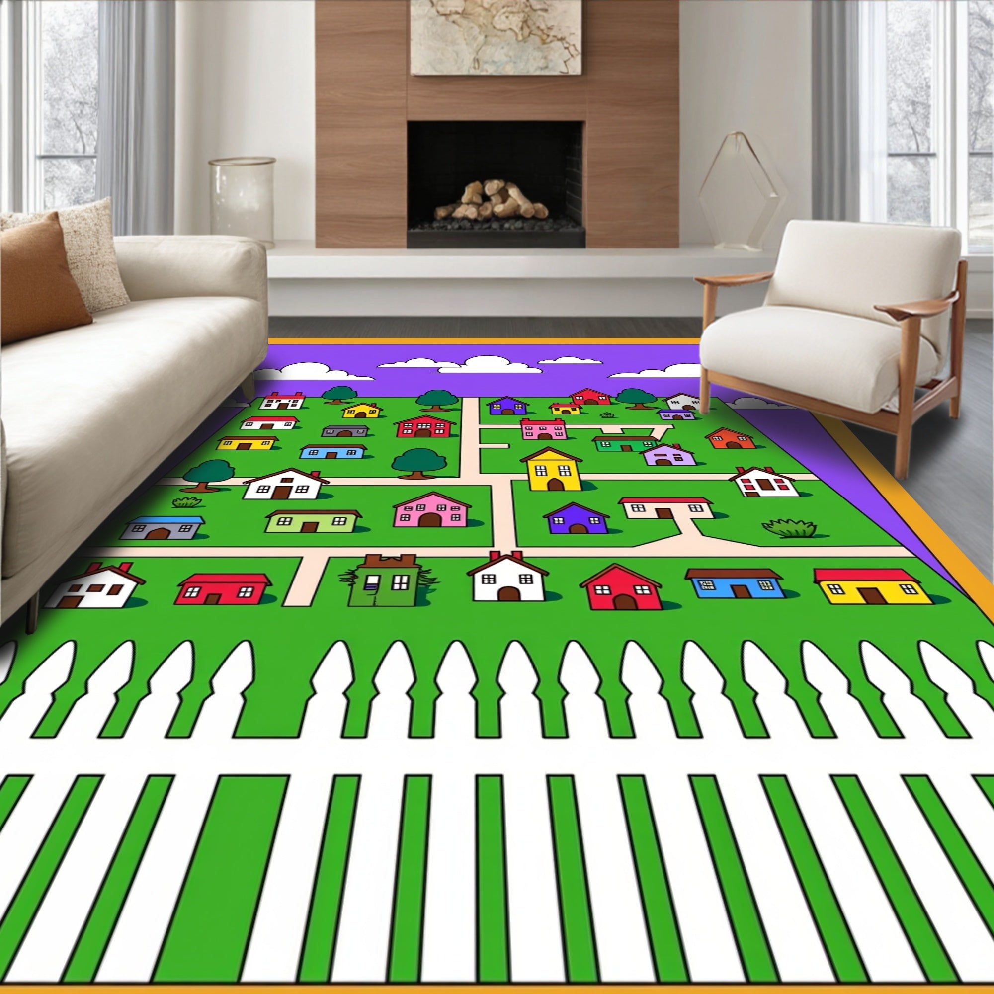 Colorful Village Houses Cartoonscape Rug