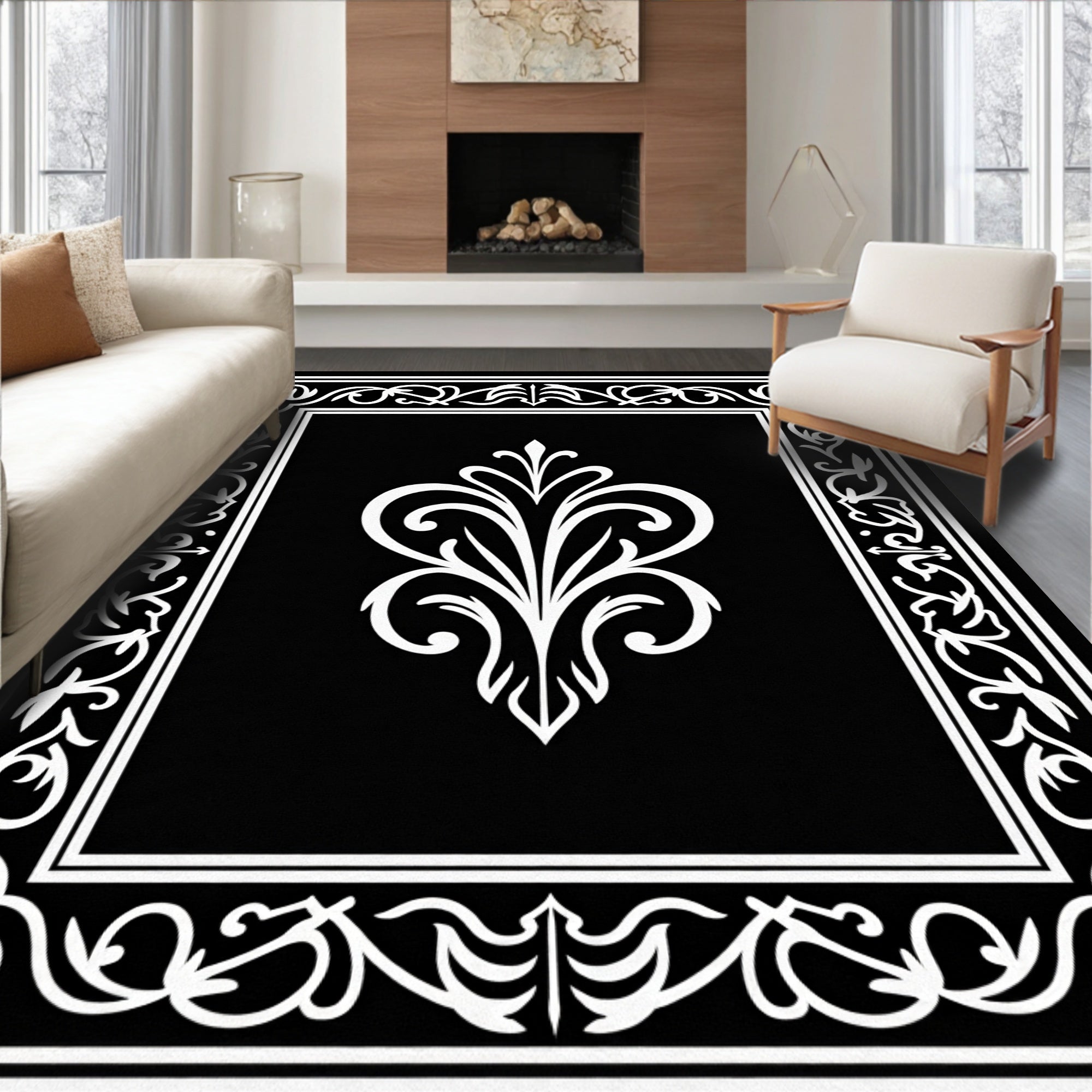 Elegant Black White Scroll Work Rug