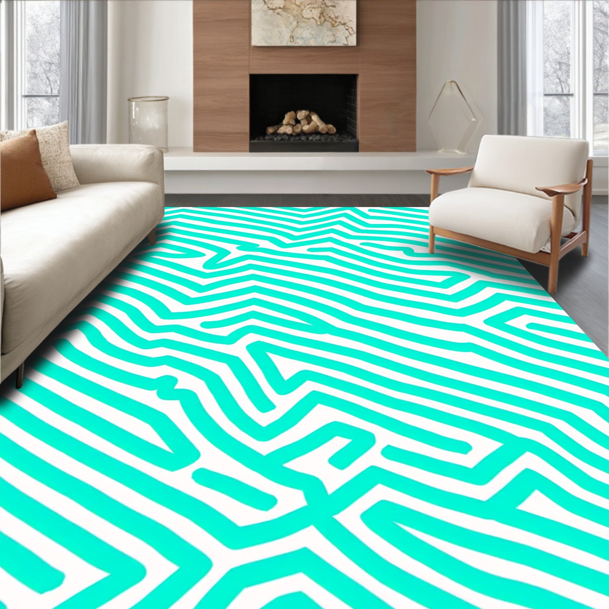 Teal Jagged Lines Abstract Rug
