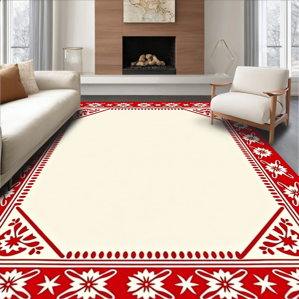 Holiday Red White Floral Border Rug