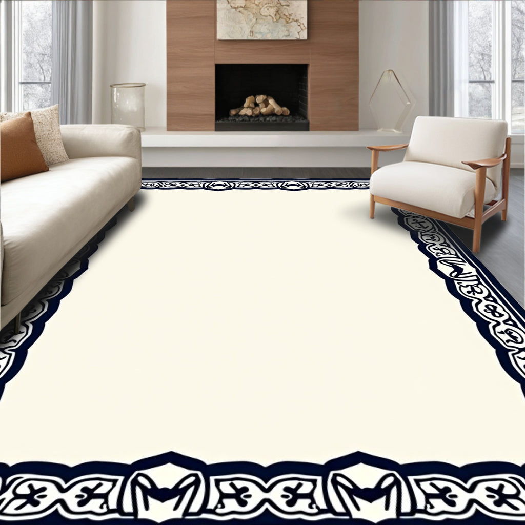 Dark Blue Nautical Anchor Inlaid Border Rug