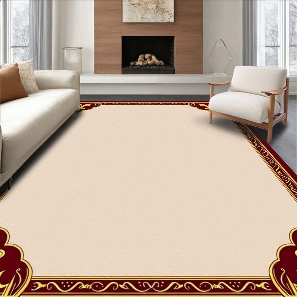Deep Crimson Golden Floral Border Rug