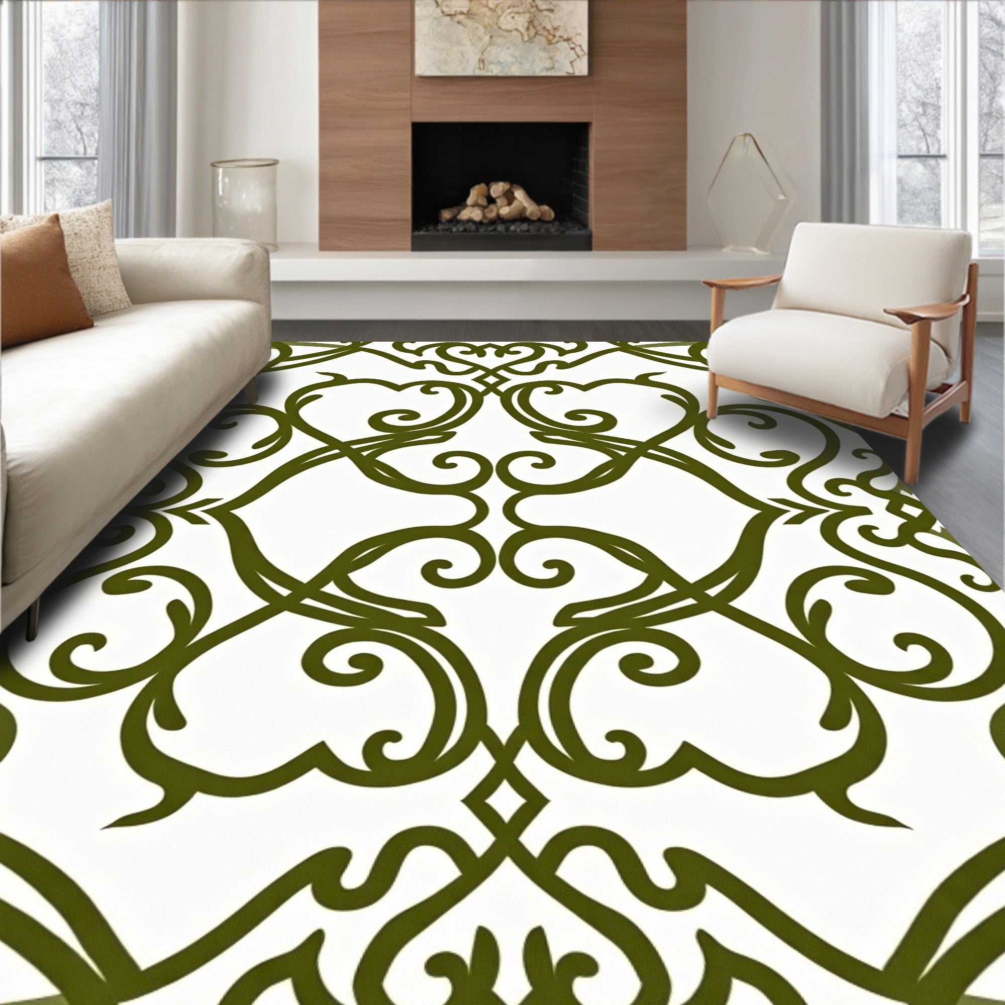 Olive Green Vine Scrollwork Rug