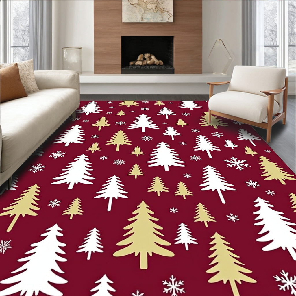 Festive White Gold Pine Trees Rug