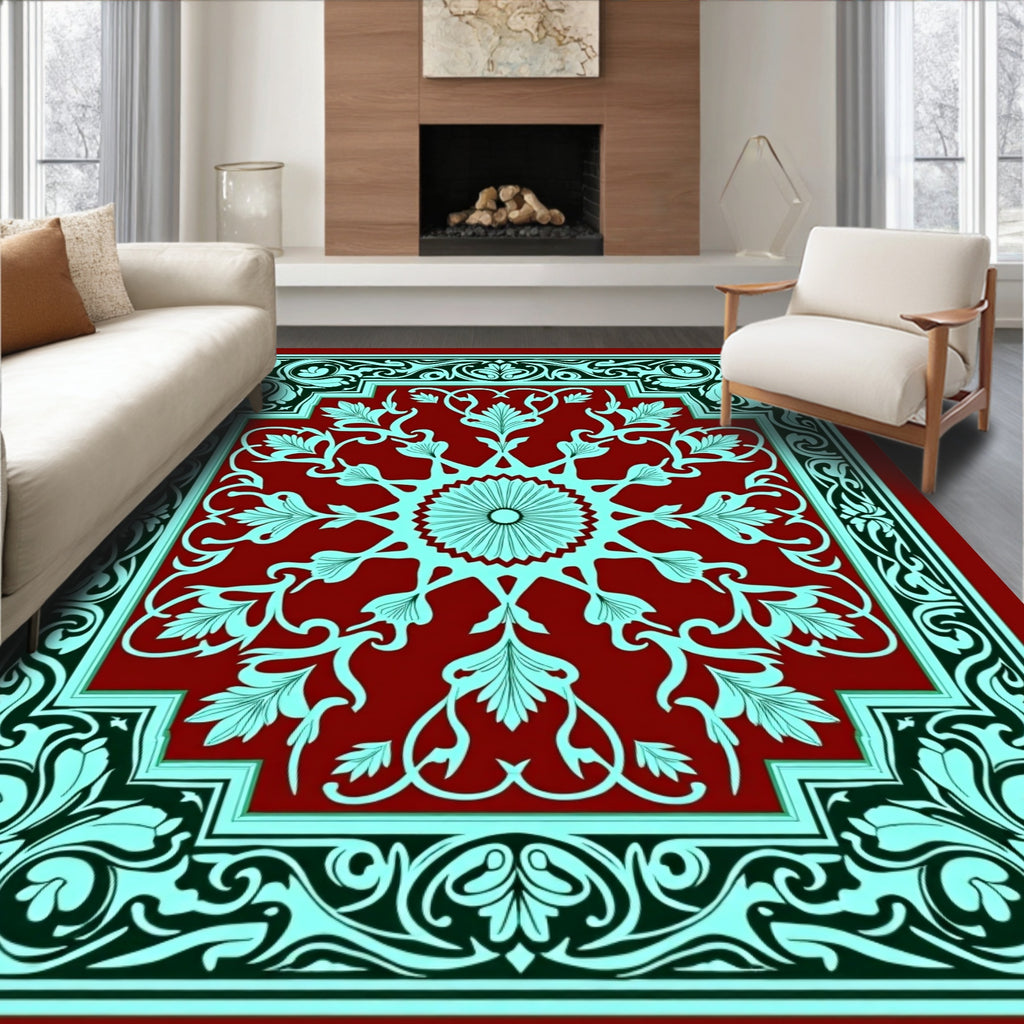 Crimson Teal Floral Sunburst Border Rug