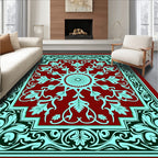 Crimson Teal Floral Sunburst Border Rug