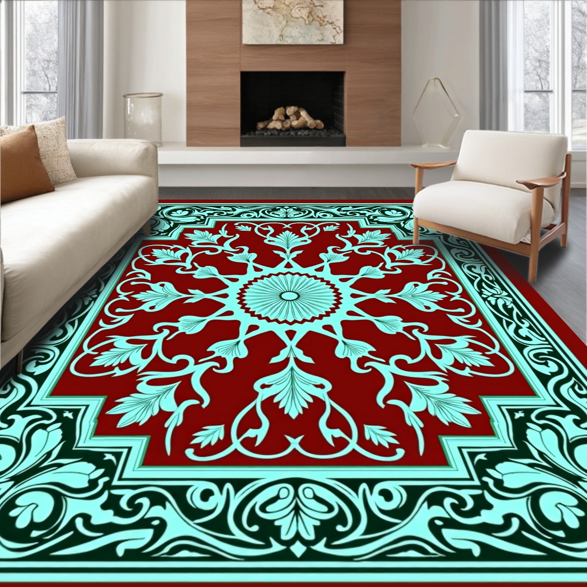 Crimson Teal Floral Sunburst Border Rug