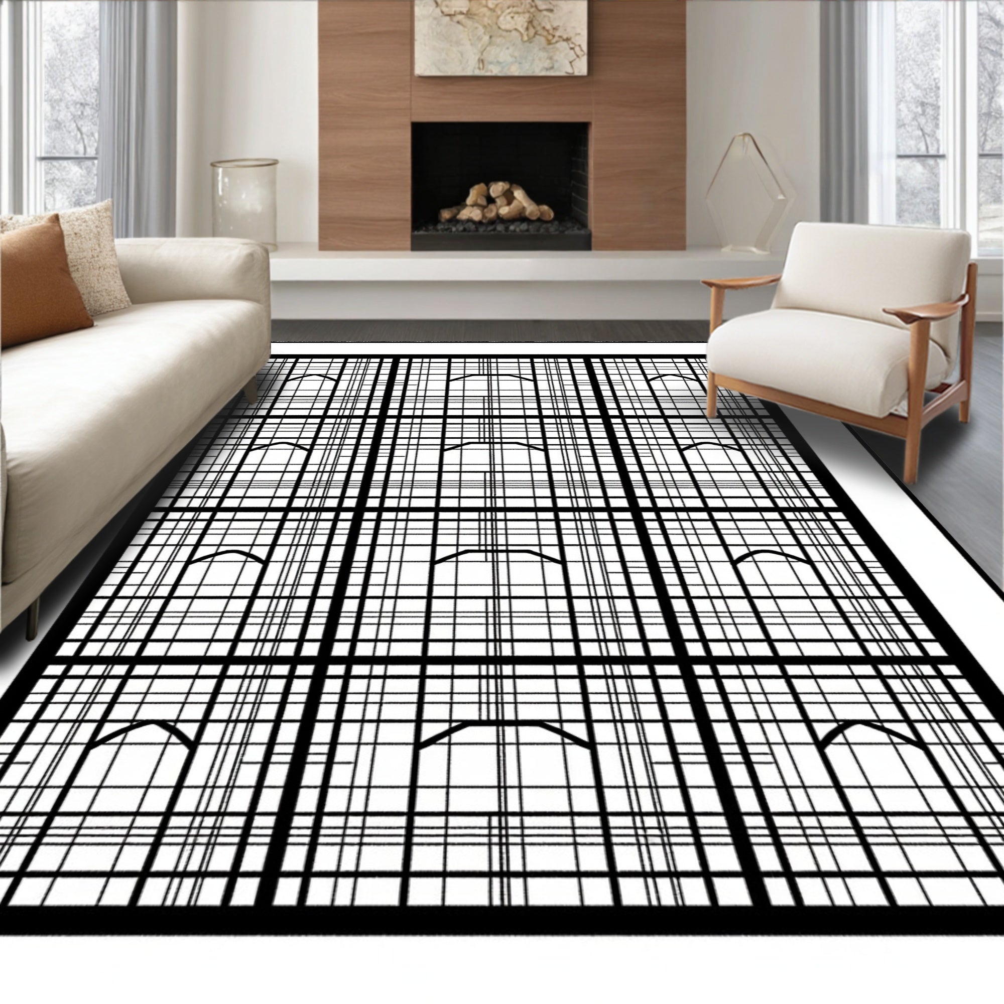 Black White Grid Arch Motif Rug