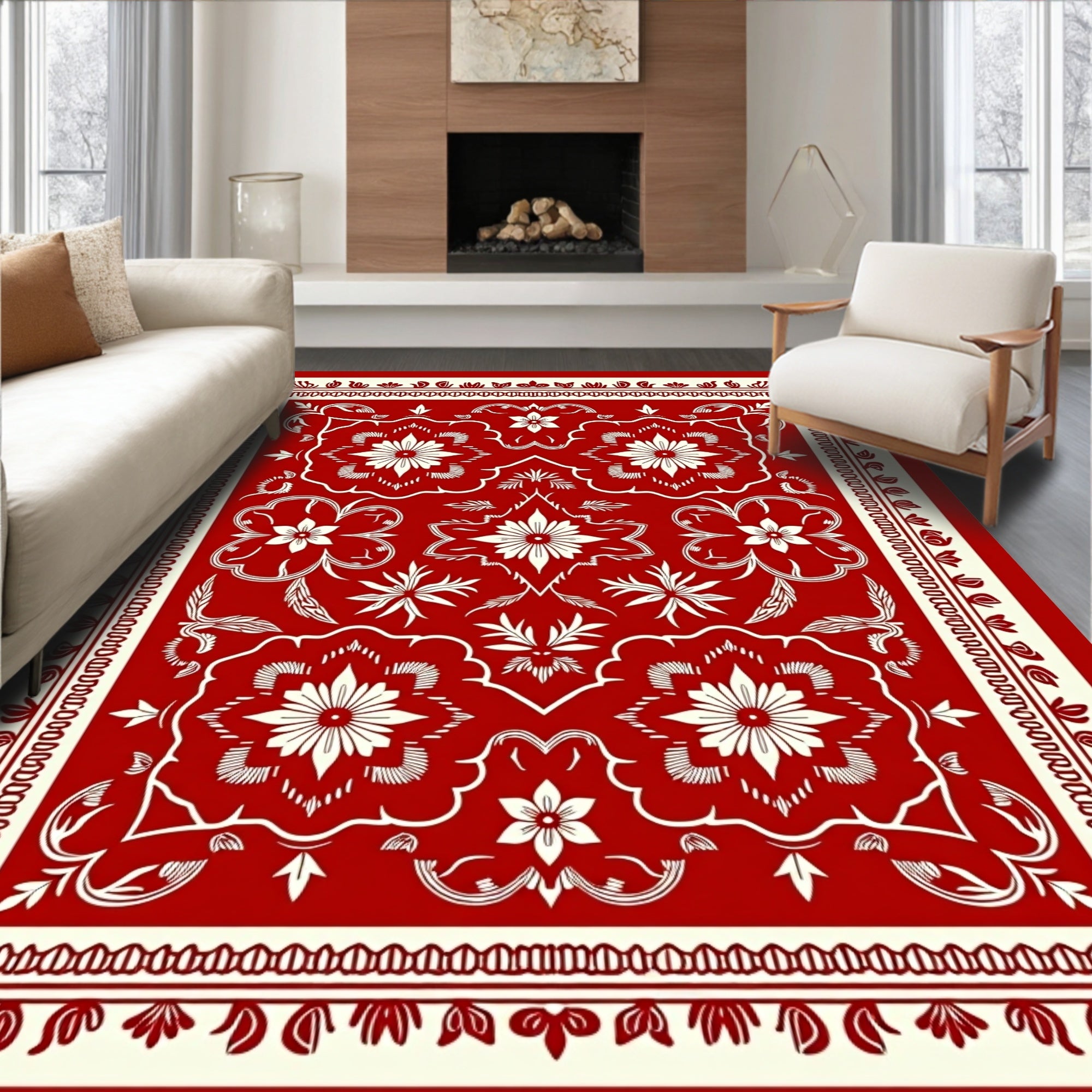 Crimson Botanical Medallion Border Rug