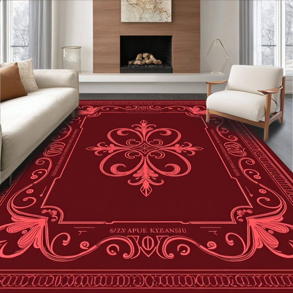 Deep Red Baroque Floral Scroll Rug