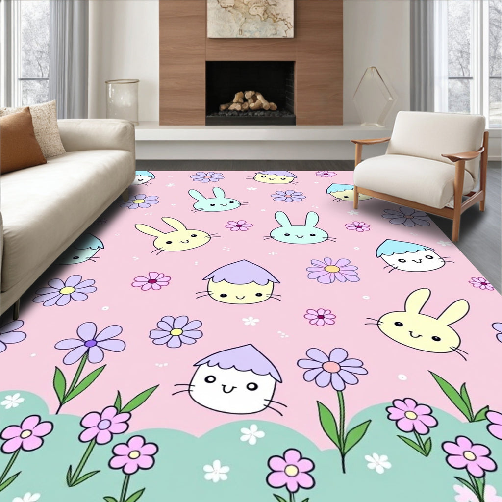Cute Pastel Bunny and Bloom Rug