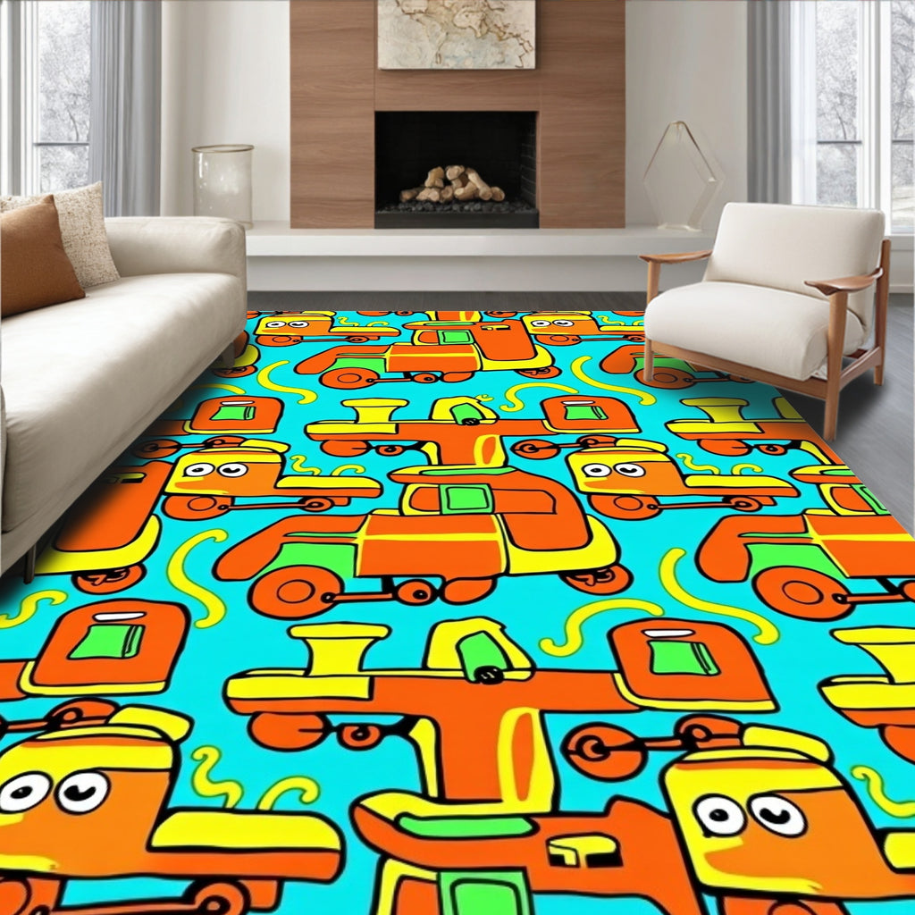 Whimsical Orange Train Cartoon Rug