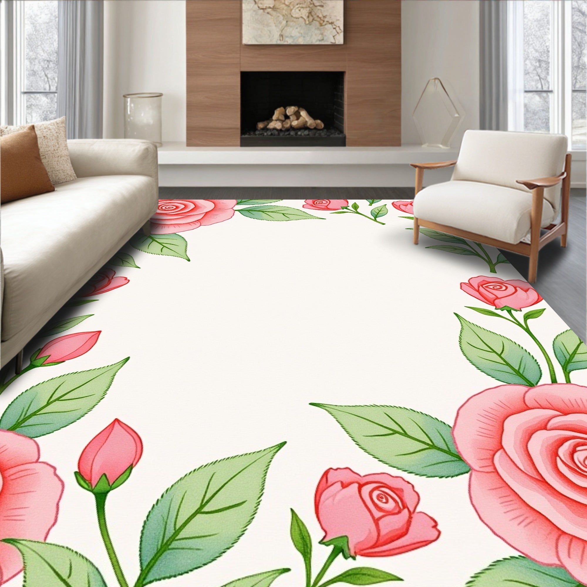 Pink Rose Floral Border Art Rug