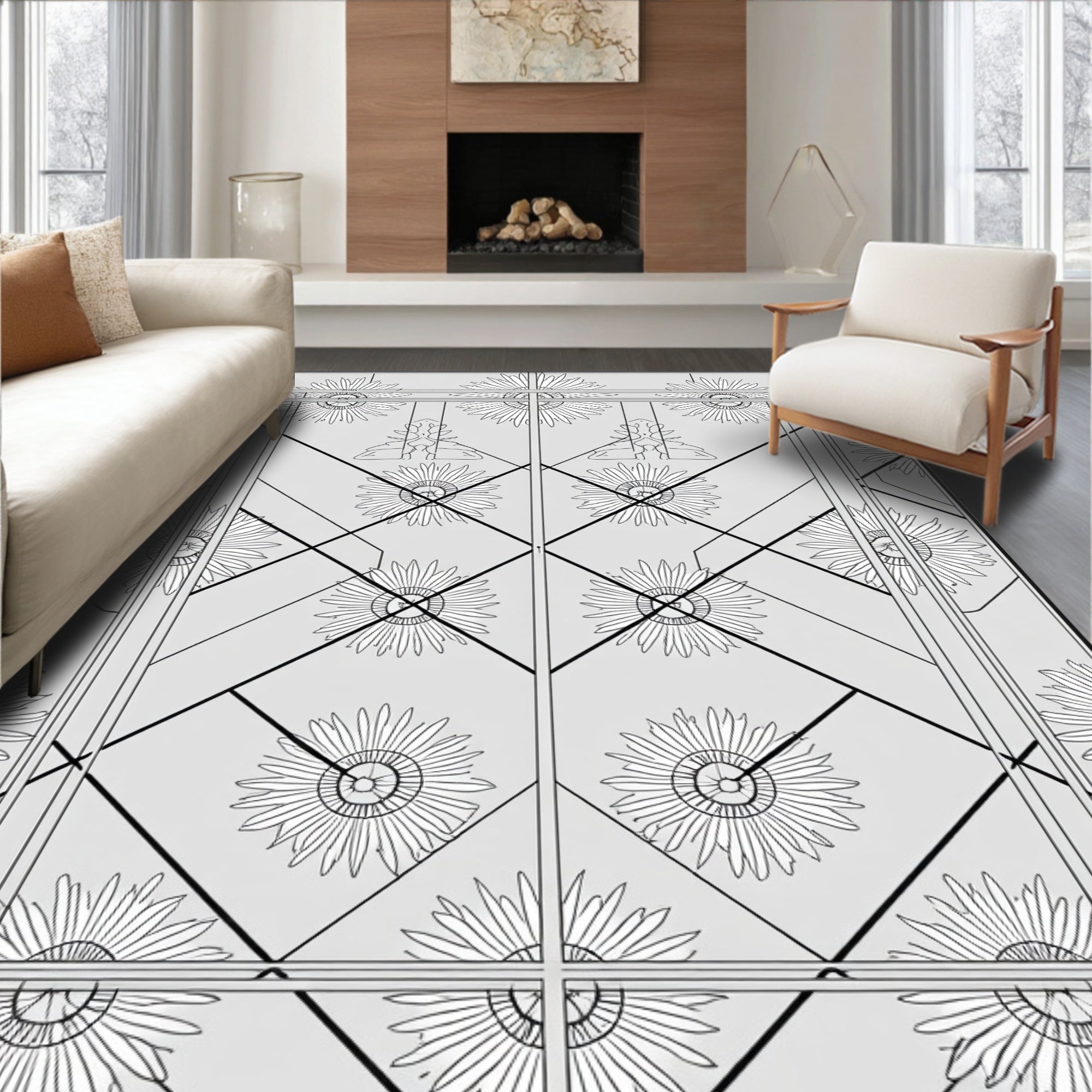 Art Deco White Daisy Geometric Overlay Rug