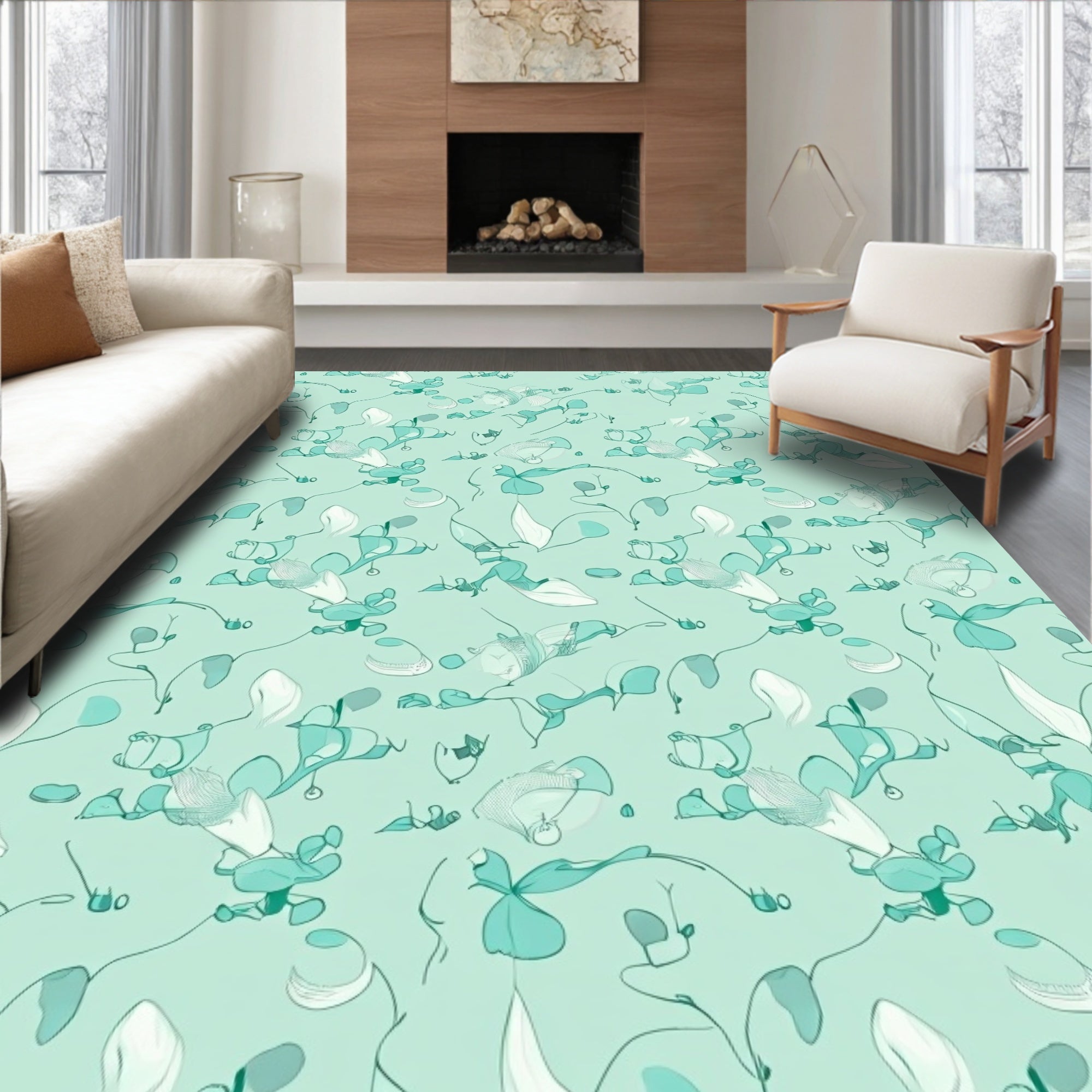 Teal Cream Whimsical Botanical Swirl Rug