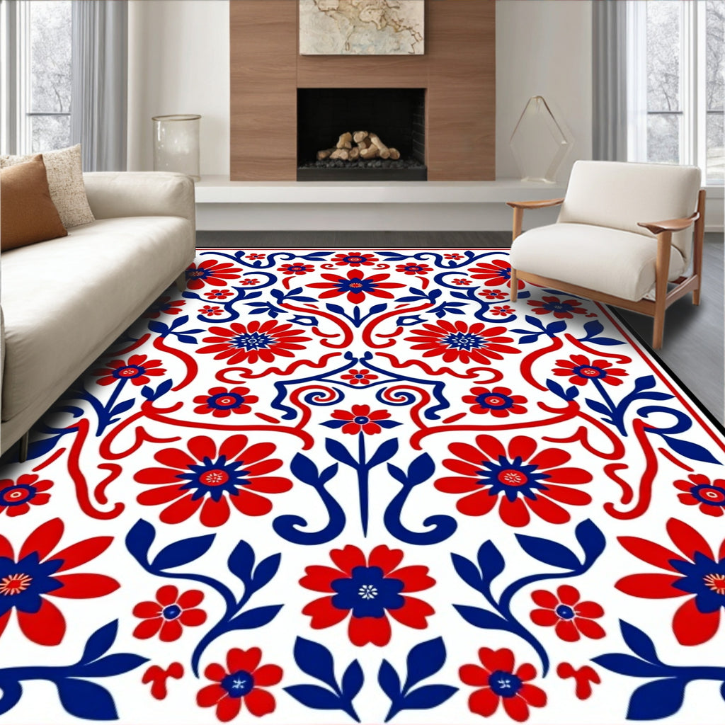 Red and Blue Floral Swirl Repeating Pattern Rug
