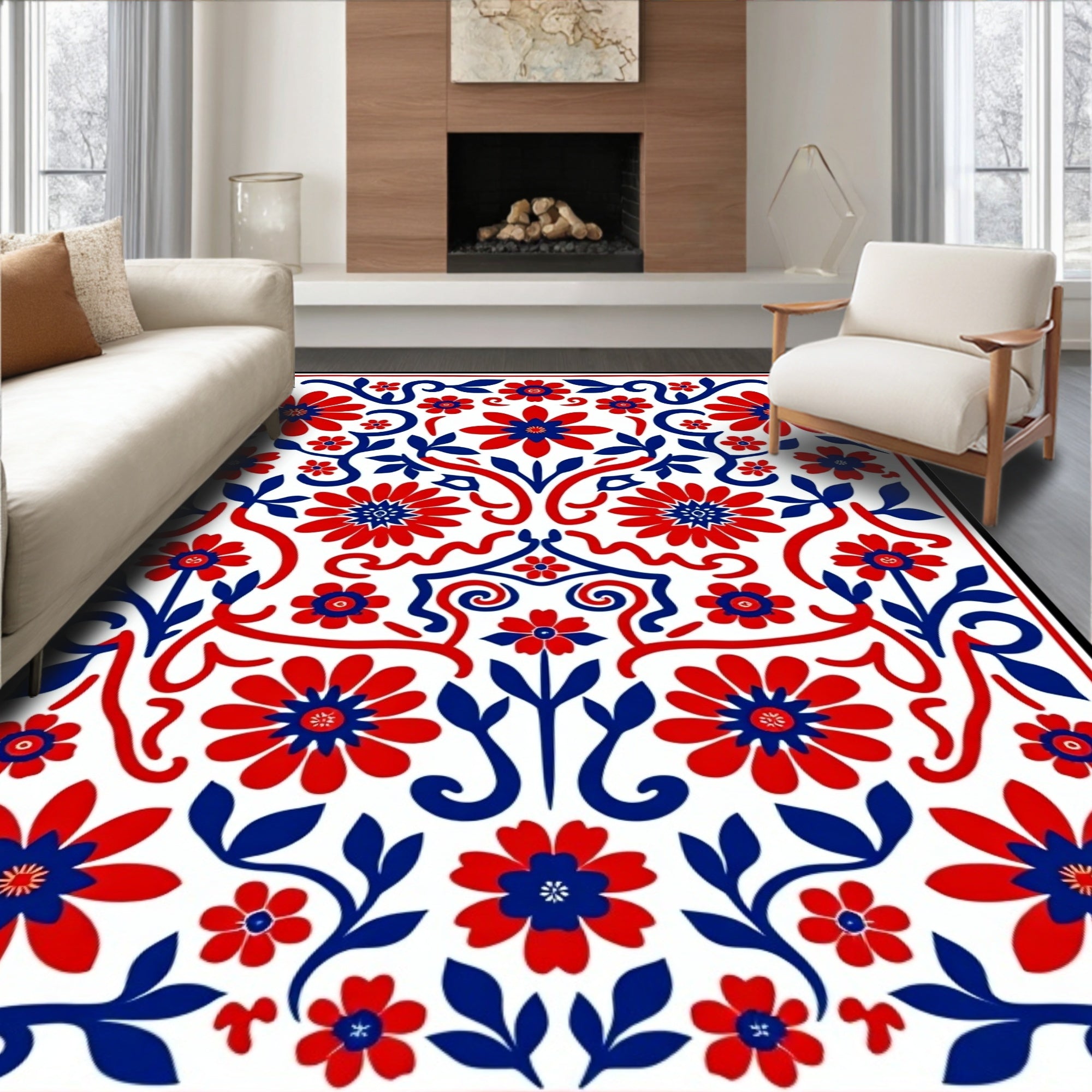 Red and Blue Floral Swirl Repeating Pattern Rug