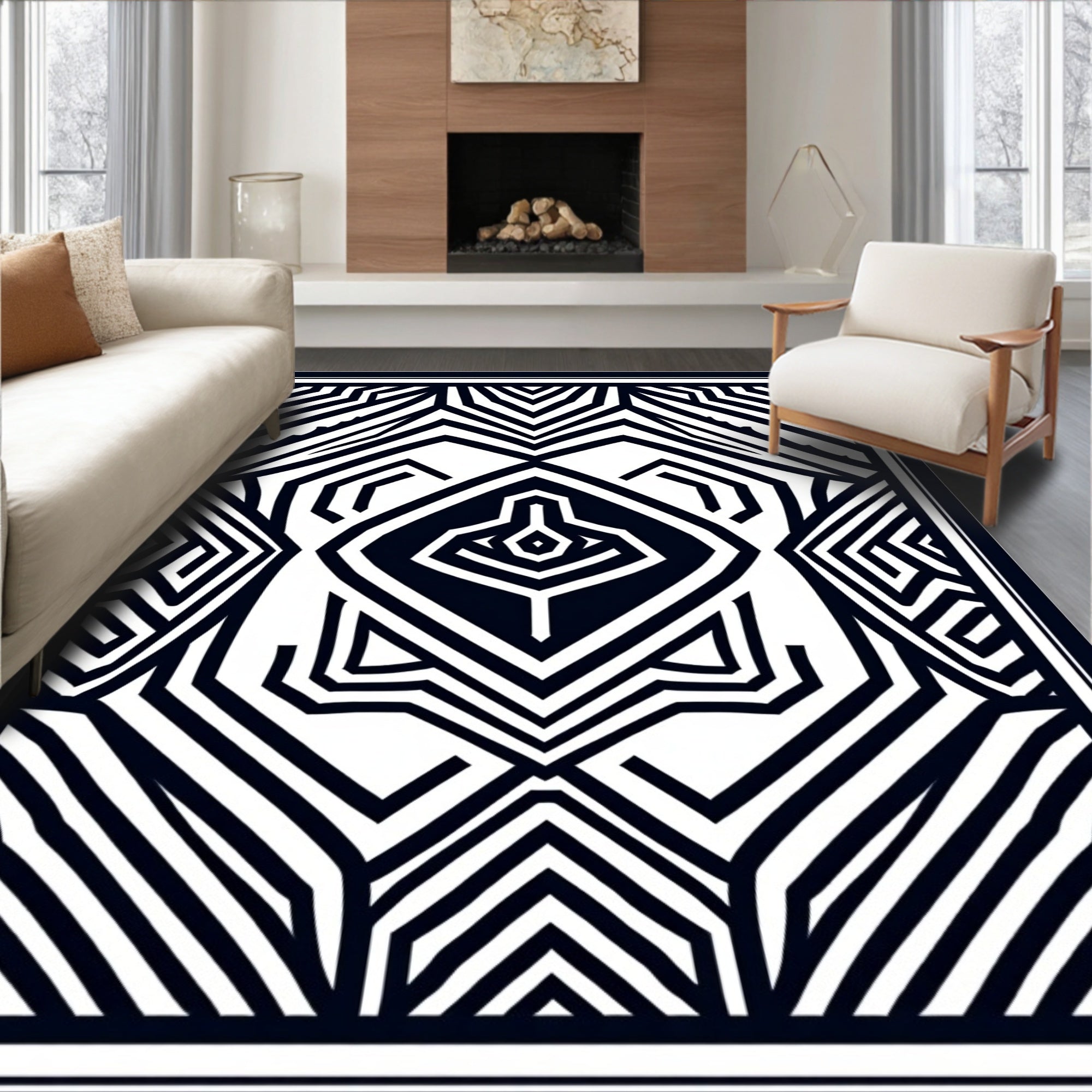 Bold Black Geometric Optical Illusion Rug