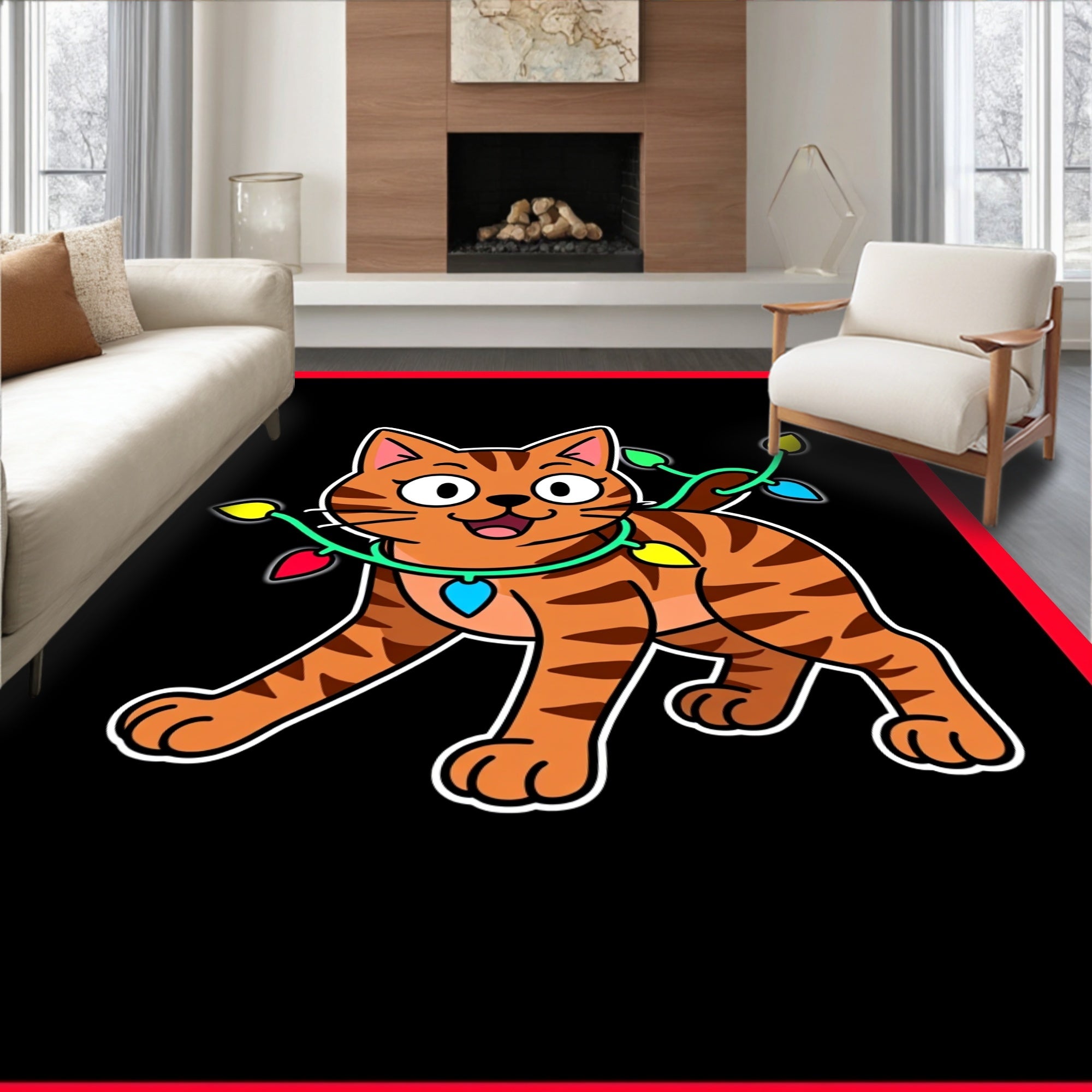 Orange Tabby Cat With Christmas Lights Rug