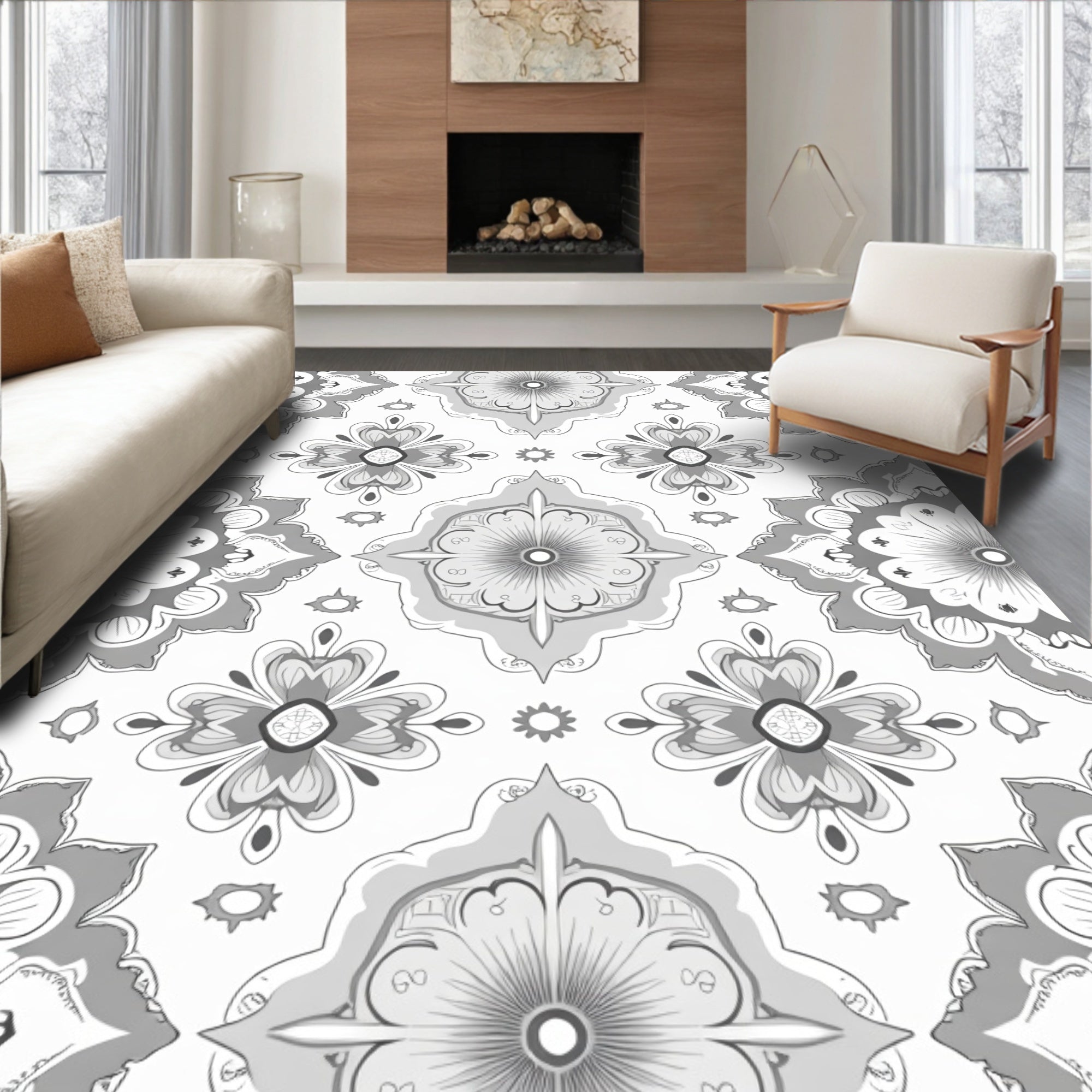 Gray Floral Medallion Mandala Rug