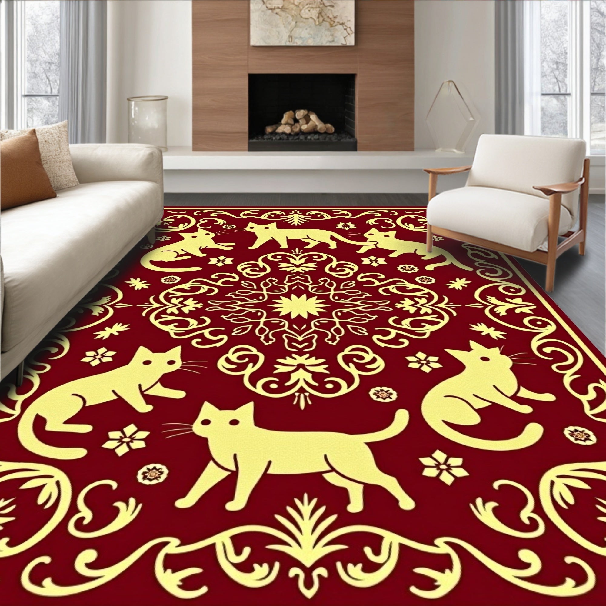 Crimson Yellow Cat Garden Medallion Rug