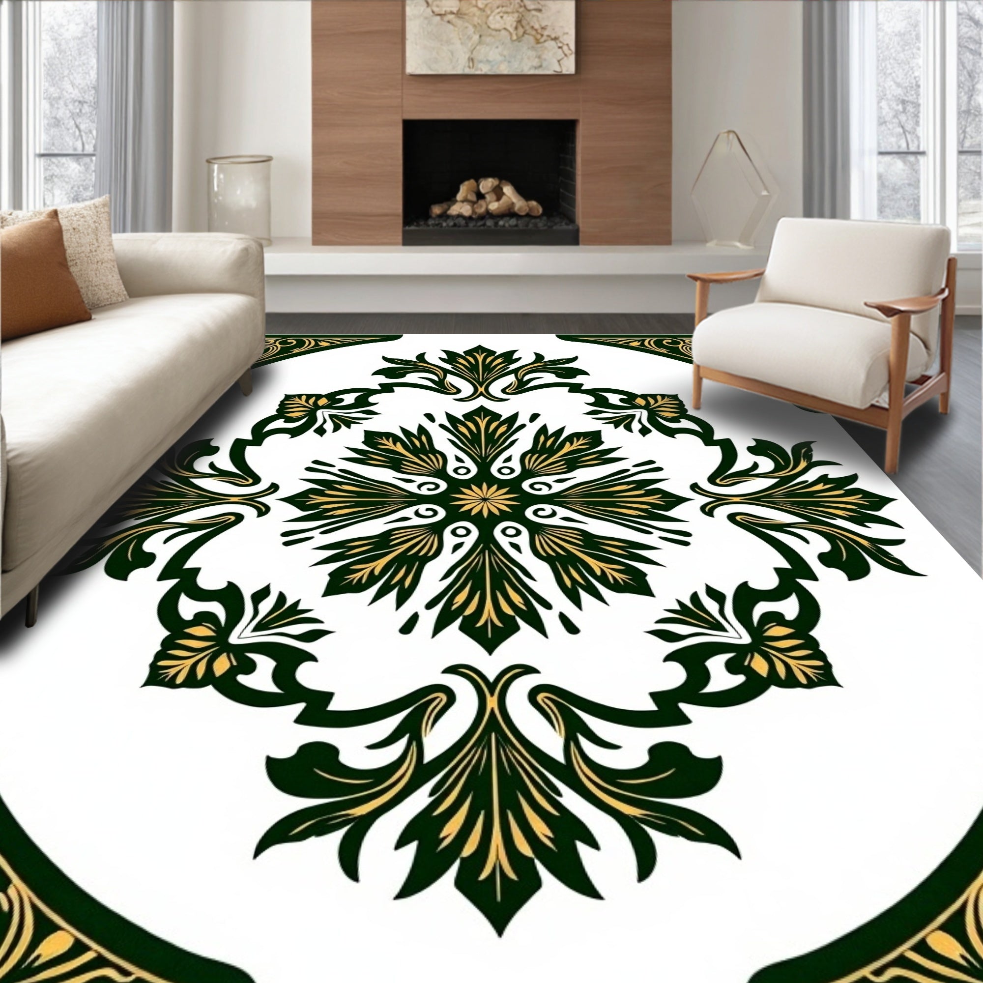 Dark Green and Gold Floral Medallion Rug