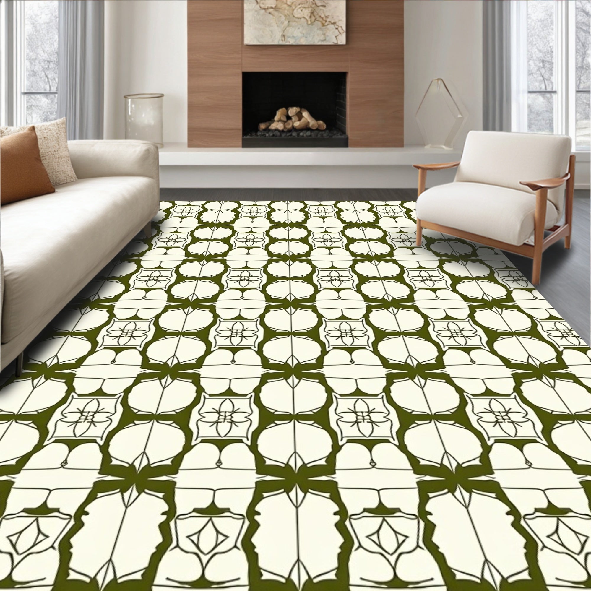 Olive Green Symmetric Medallion Geometric Rug