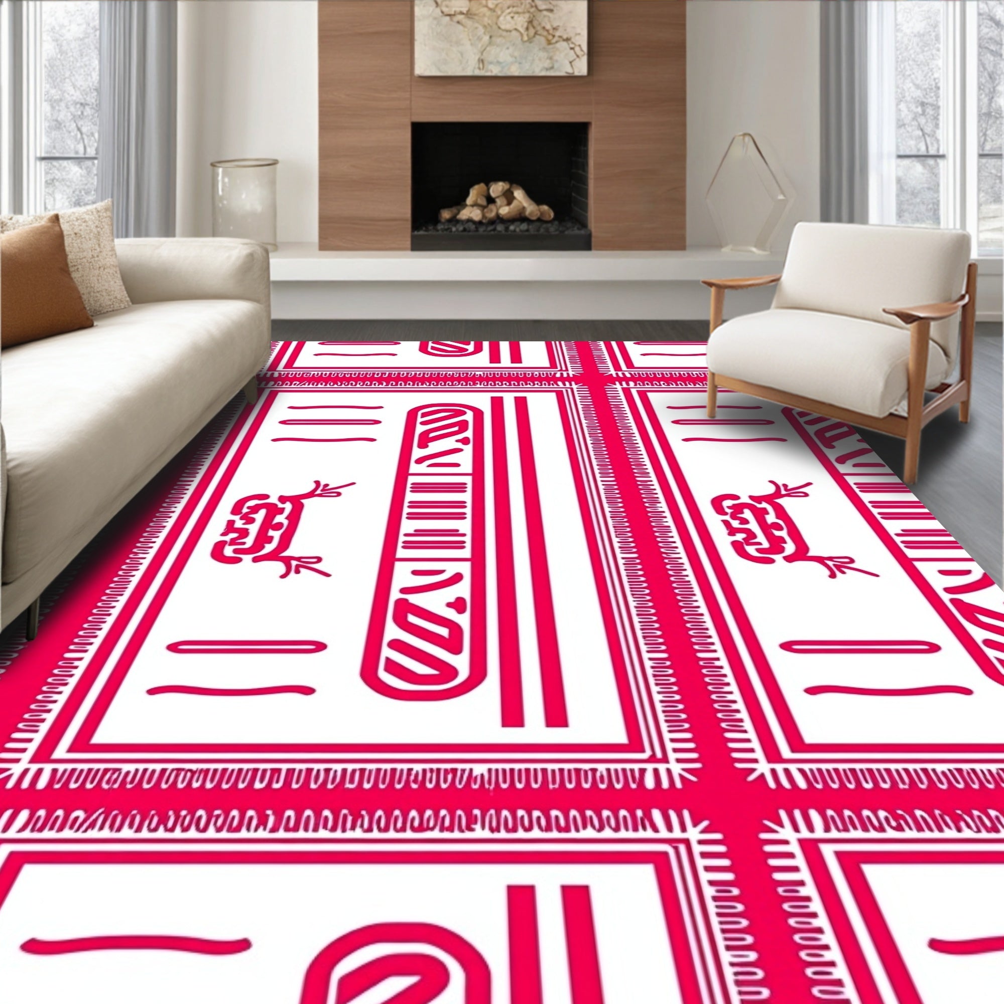 Bold Pink Egyptian Hieroglyph Rectangles Rug