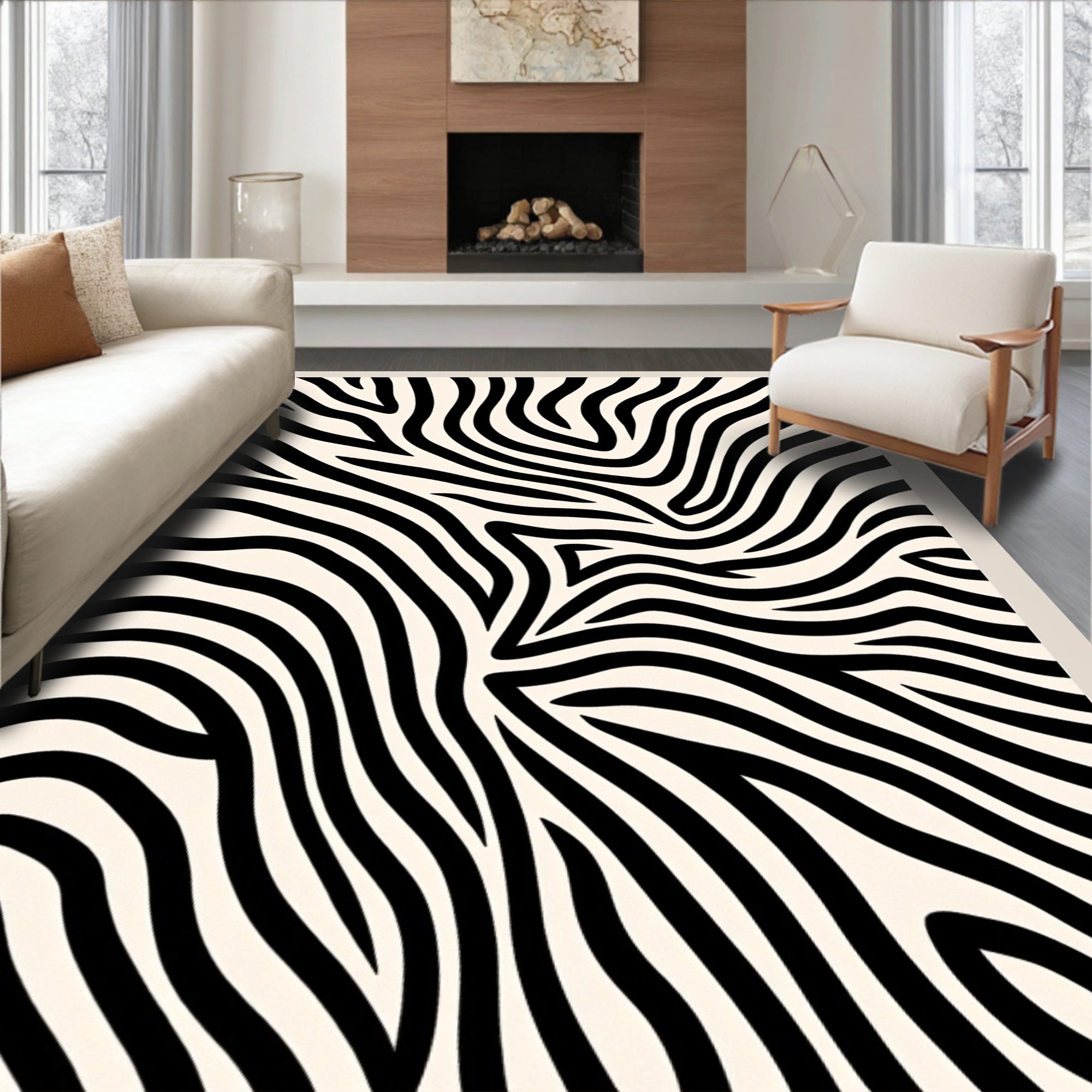 Bold Black Zebra Stripe Swirls Rug