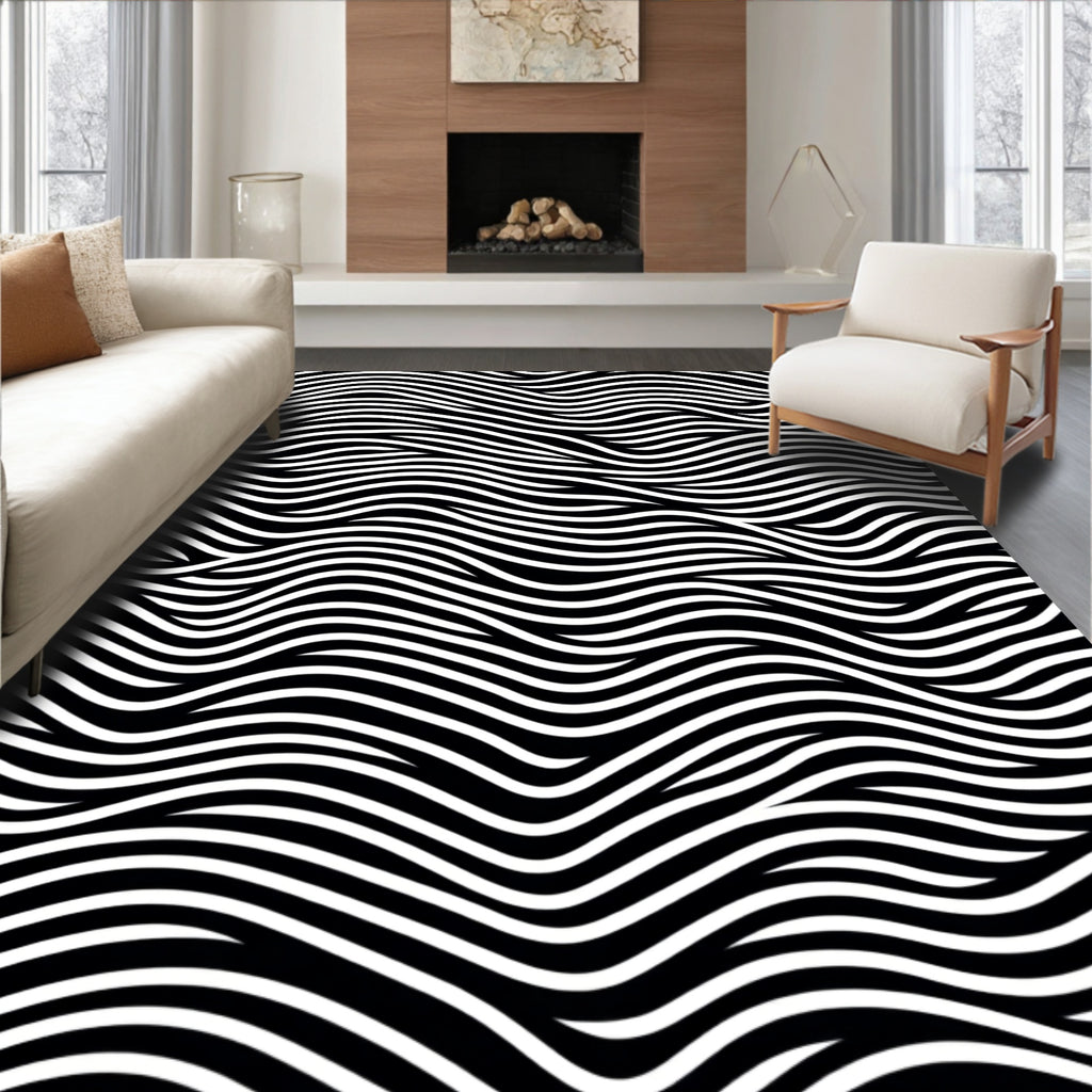 Black White Wavy Stripe Landscape Rug