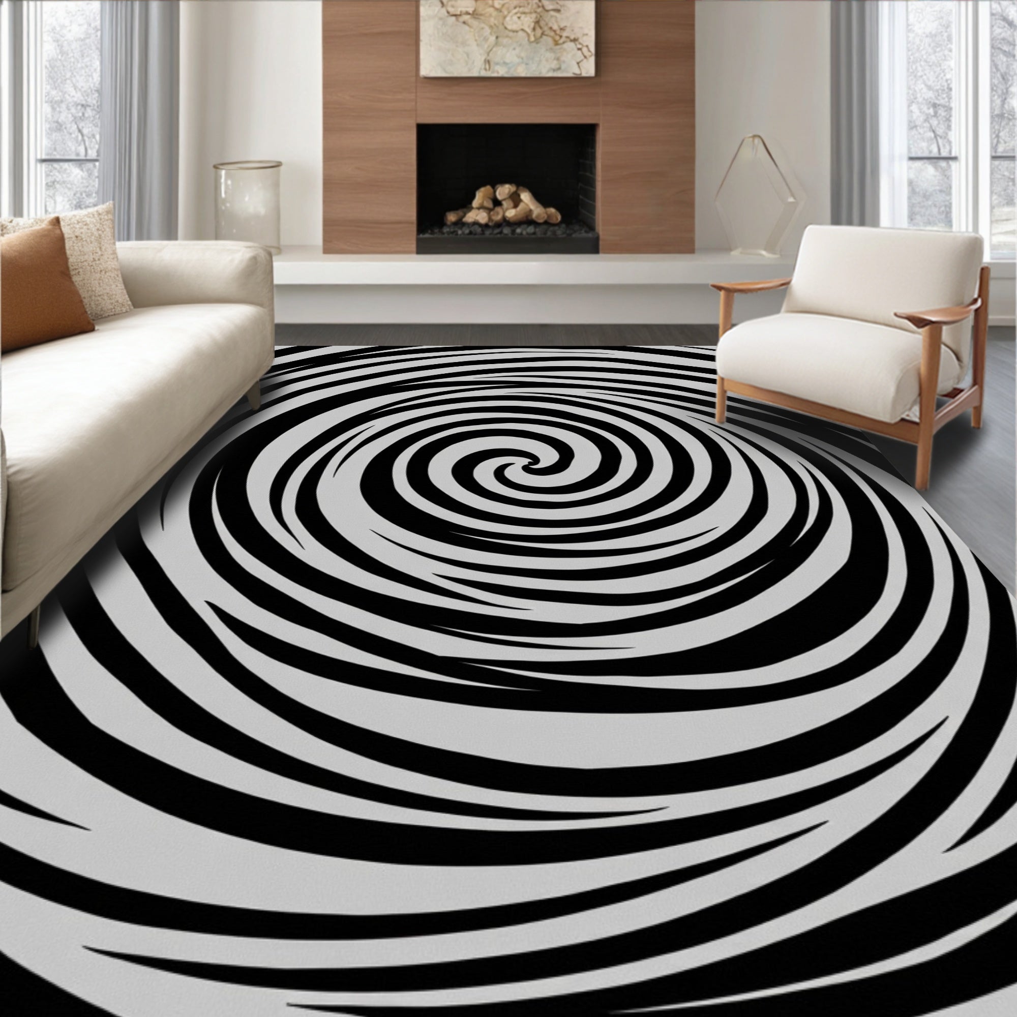 Concentric Black Gray Swirl Rug
