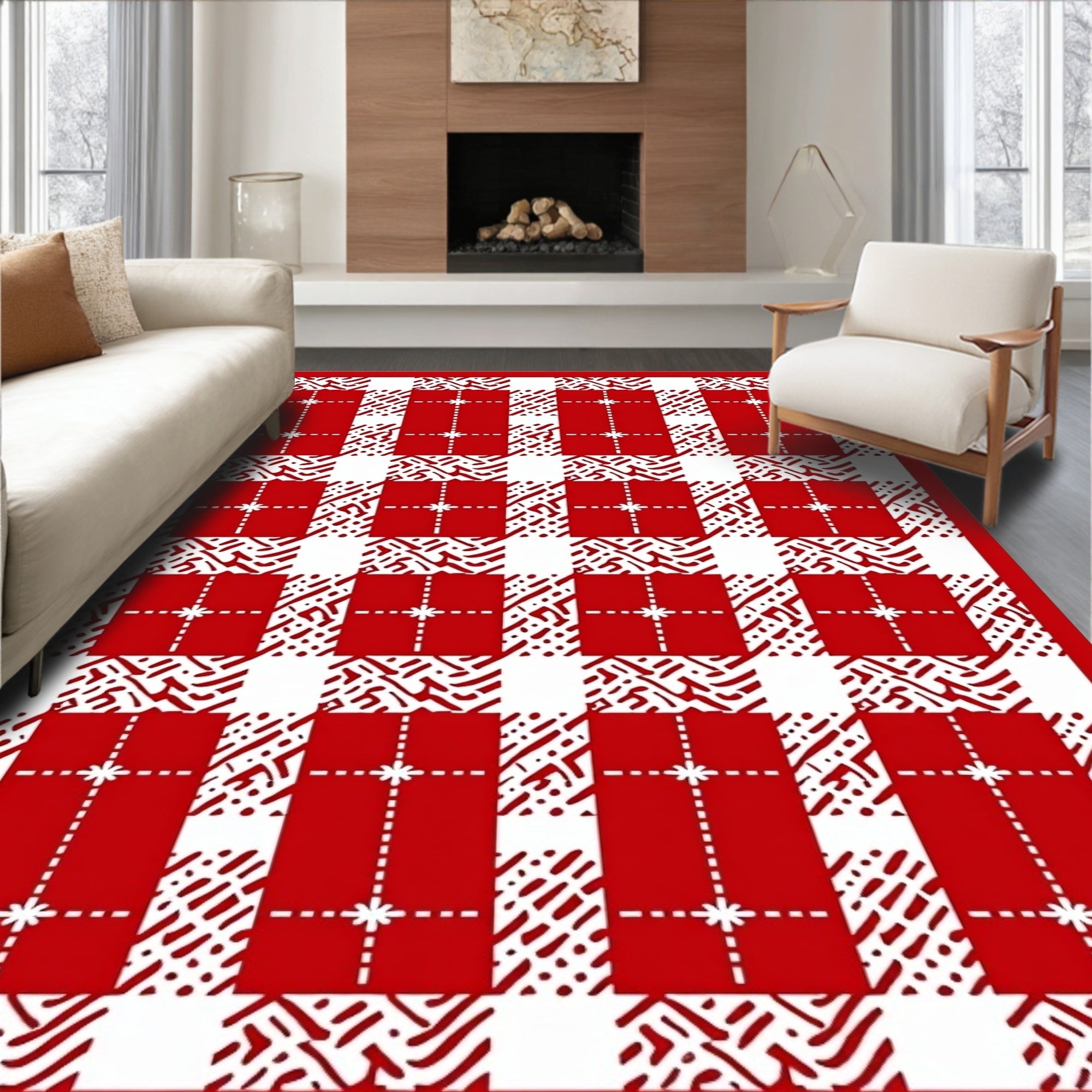 Red White Gingham Patchwork Check Rug