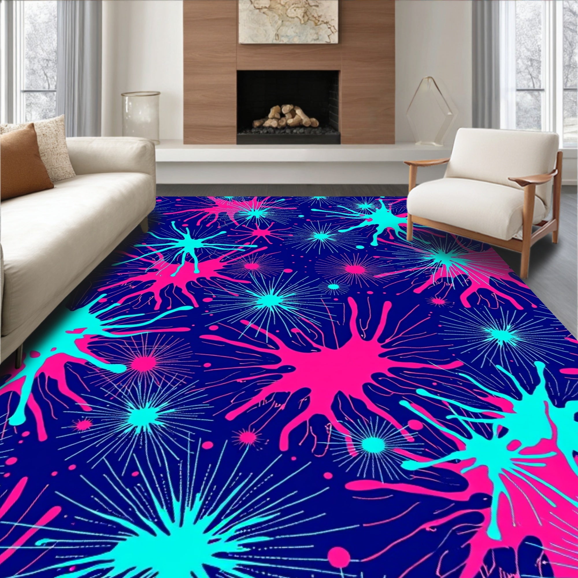 Vibrant Pink Teal Burst Splash Rug
