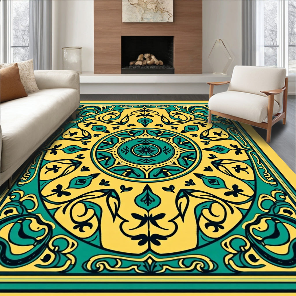 Yellow Teal Floral Mandala Rug