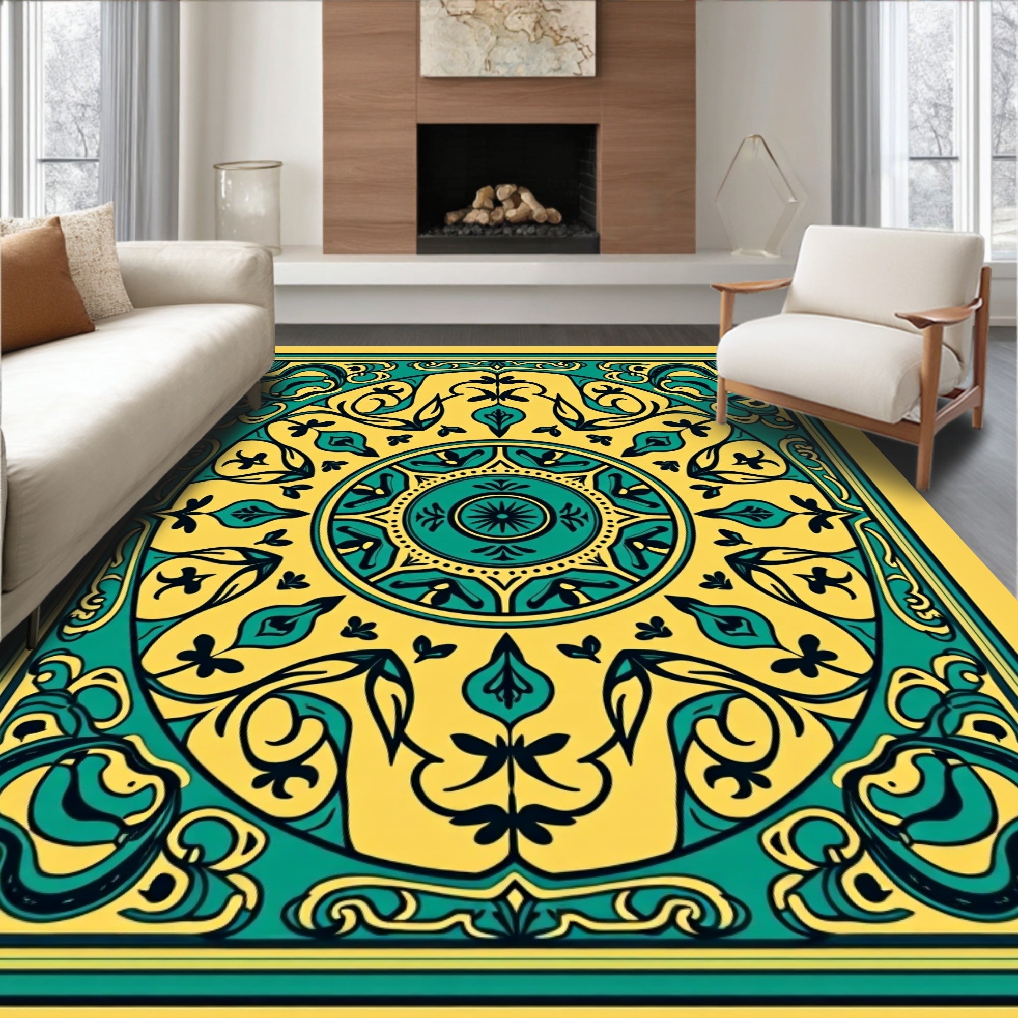 Yellow Teal Floral Mandala Rug