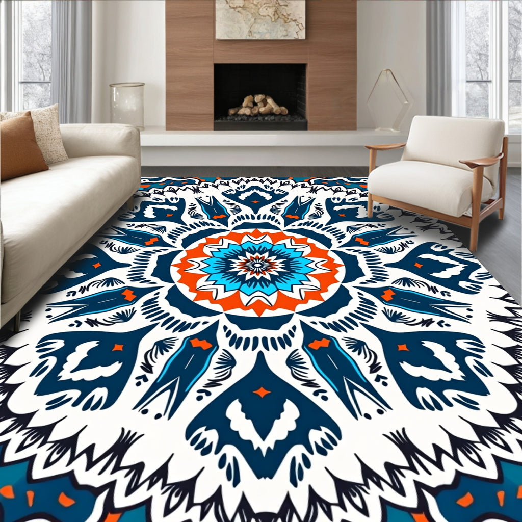 Vibrant Teal Orange Medallion Symmetry Rug
