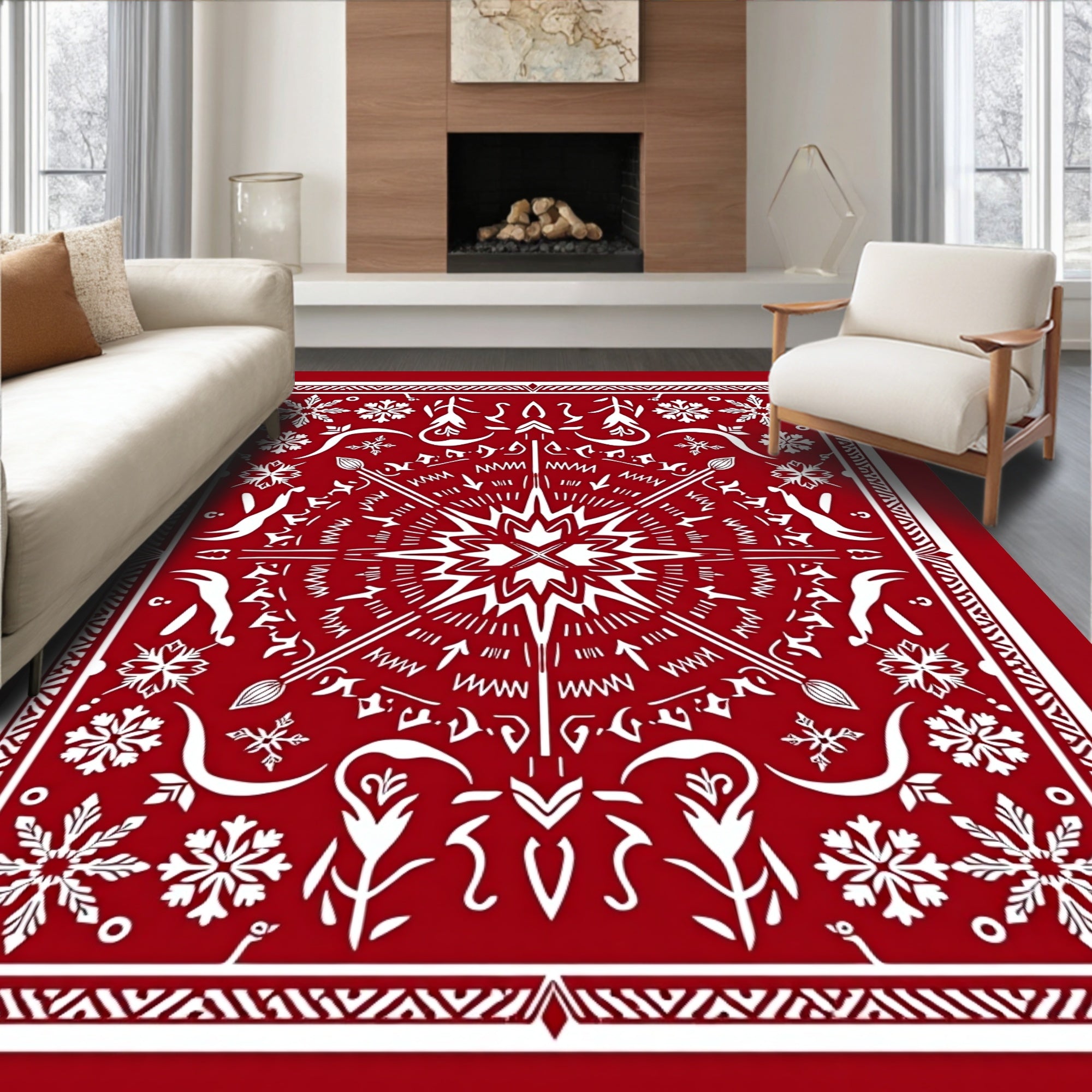 Crimson White Snowflake Mandala Rug