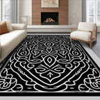 Black White Intricate Floral Scrollwork Rug