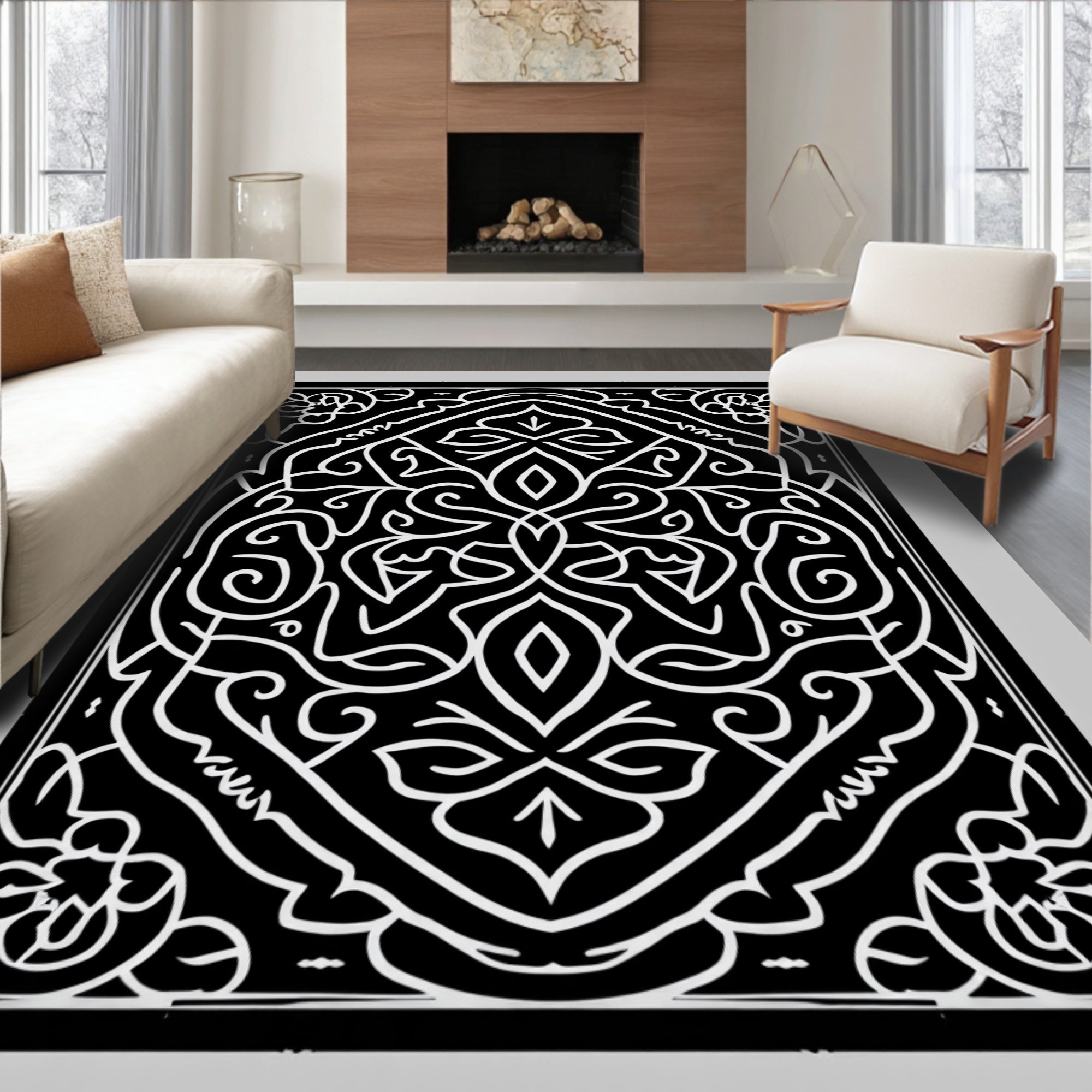 Black White Intricate Floral Scrollwork Rug
