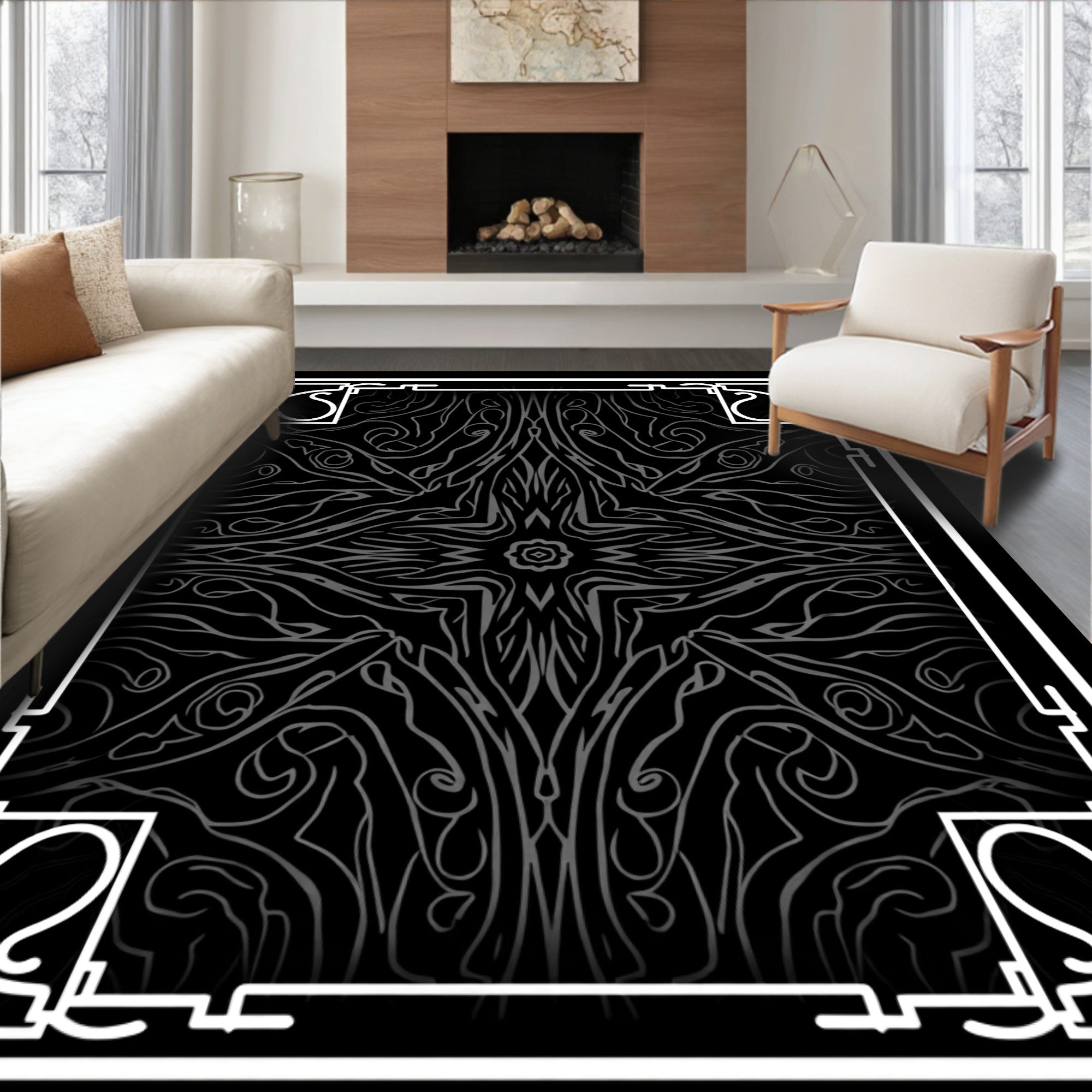 Dark Gray Ornate Abstract Symmetry Rug
