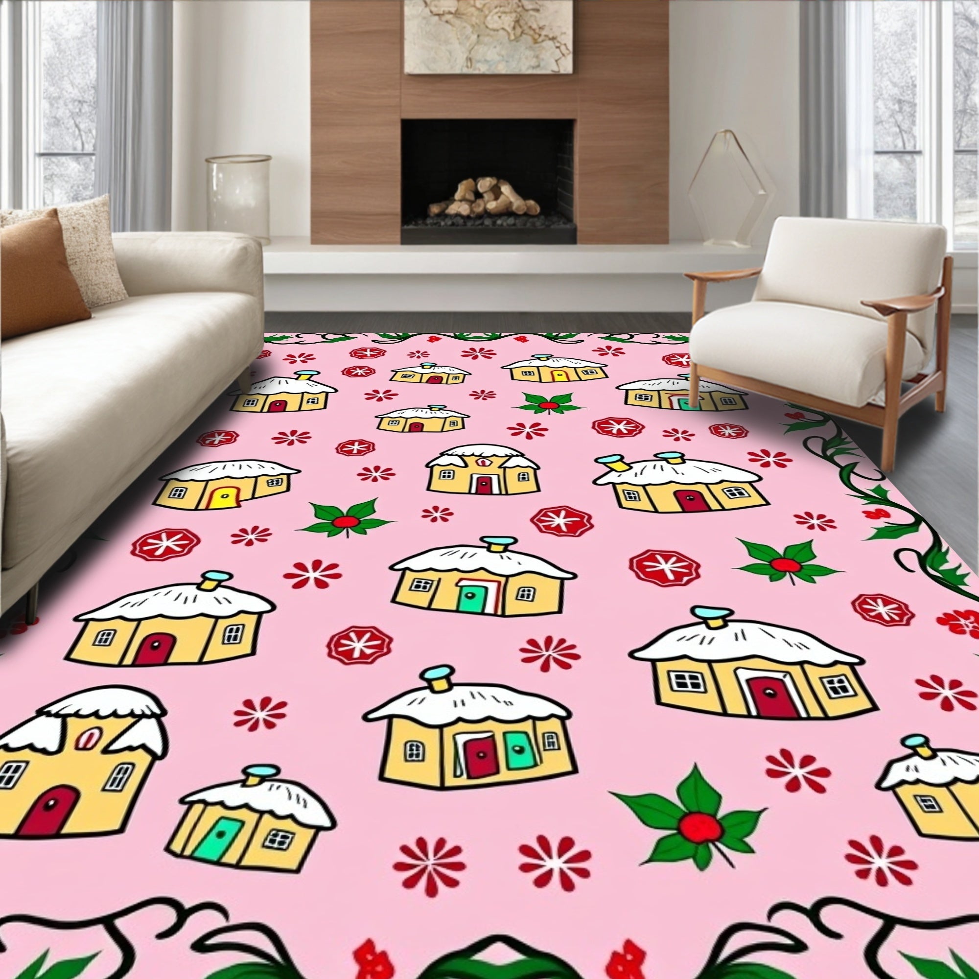 Whimsical Yellow Houses Snowflakes Border Rug