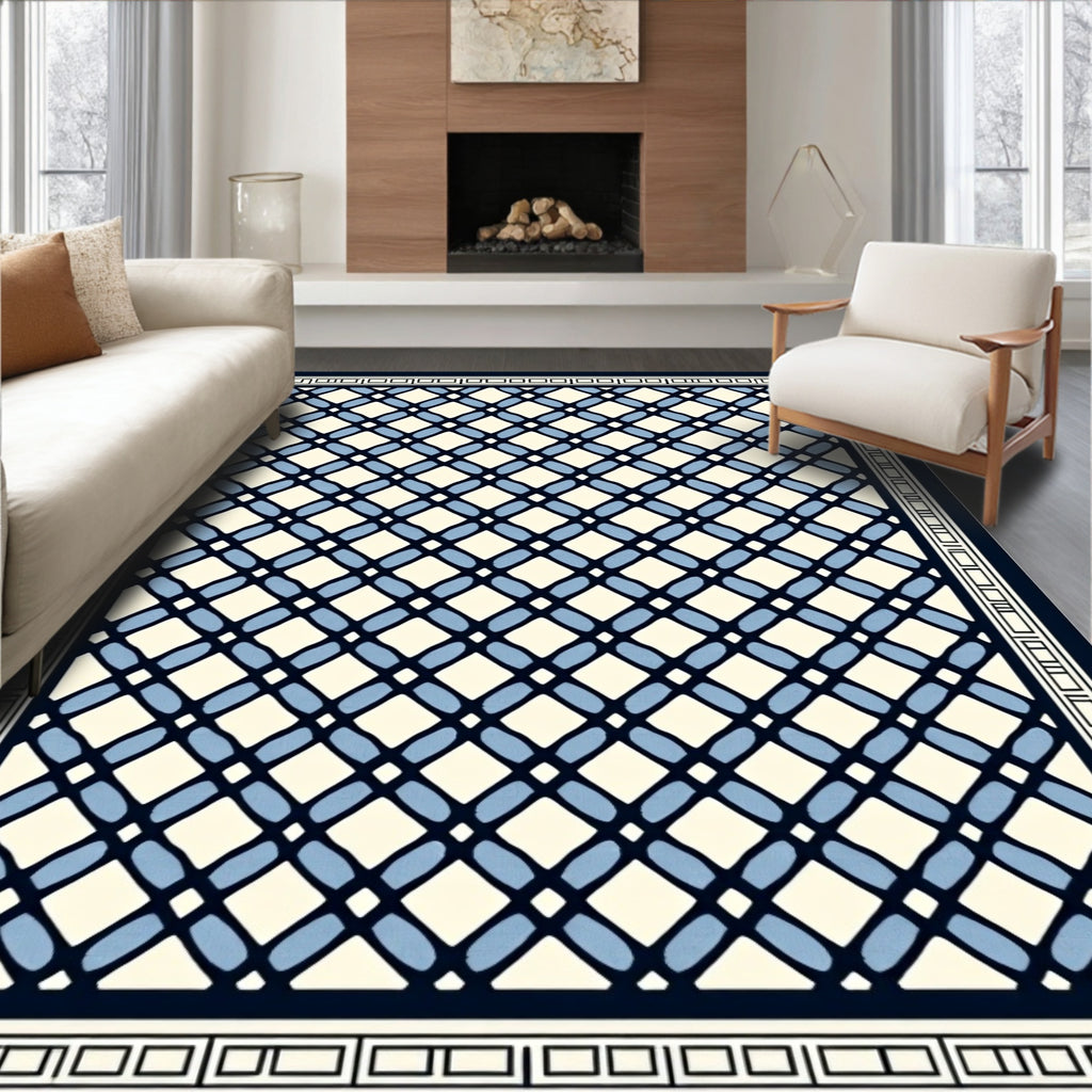 Navy Blue Lattice Cream Contemporary Rug