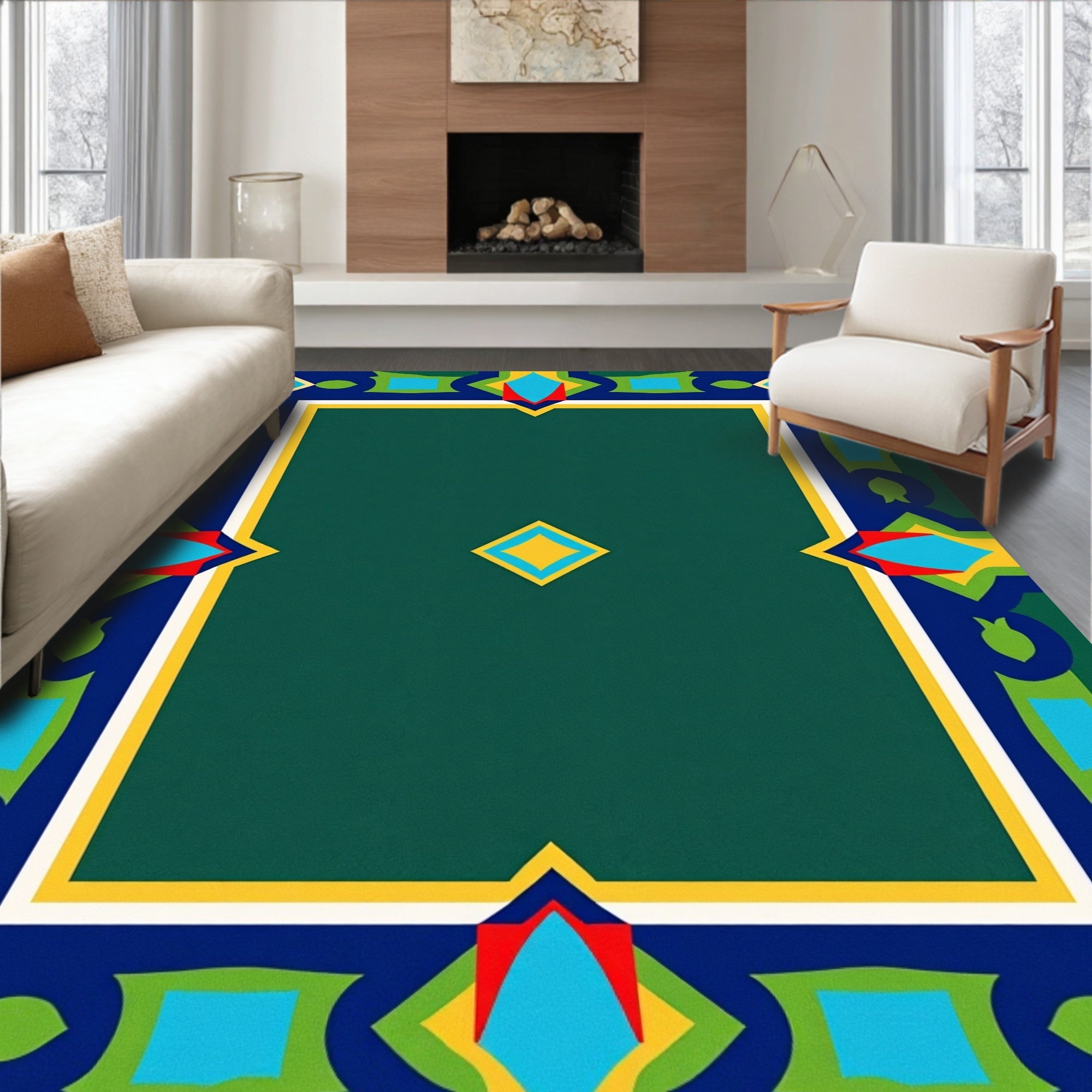 Green Jewel Toned Geometric Border Rug