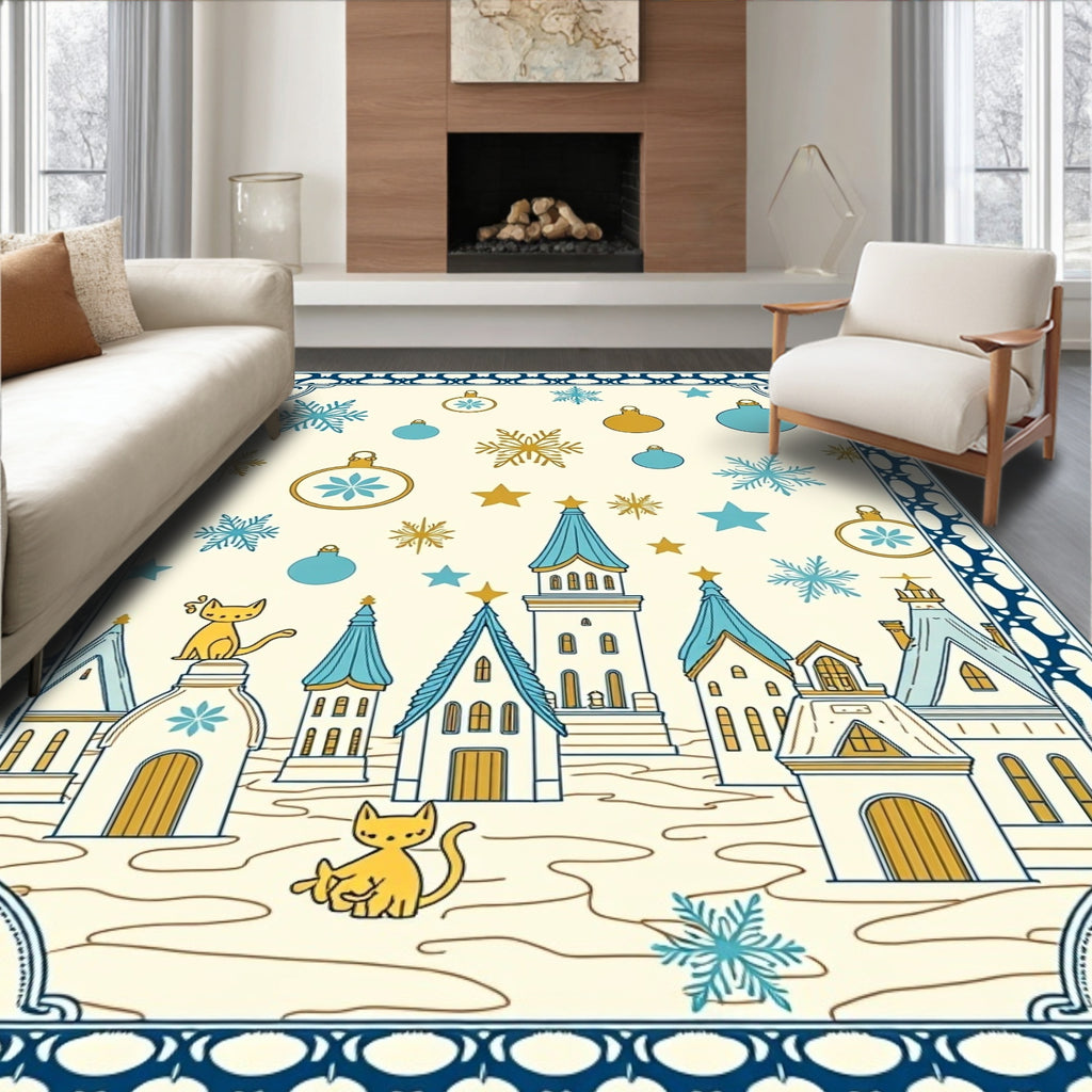 Whimsical Golden Cat Cozy Winter Village Rug
